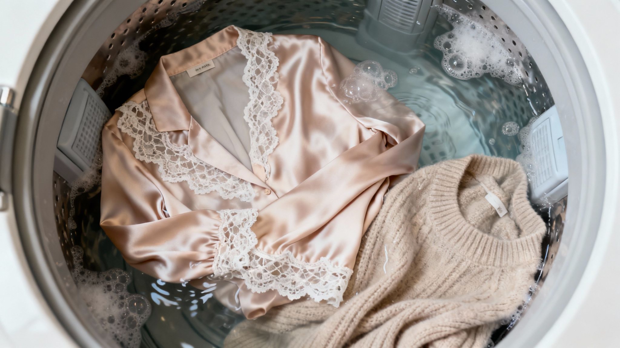 A close-up of delicate laundry inside a washing machine