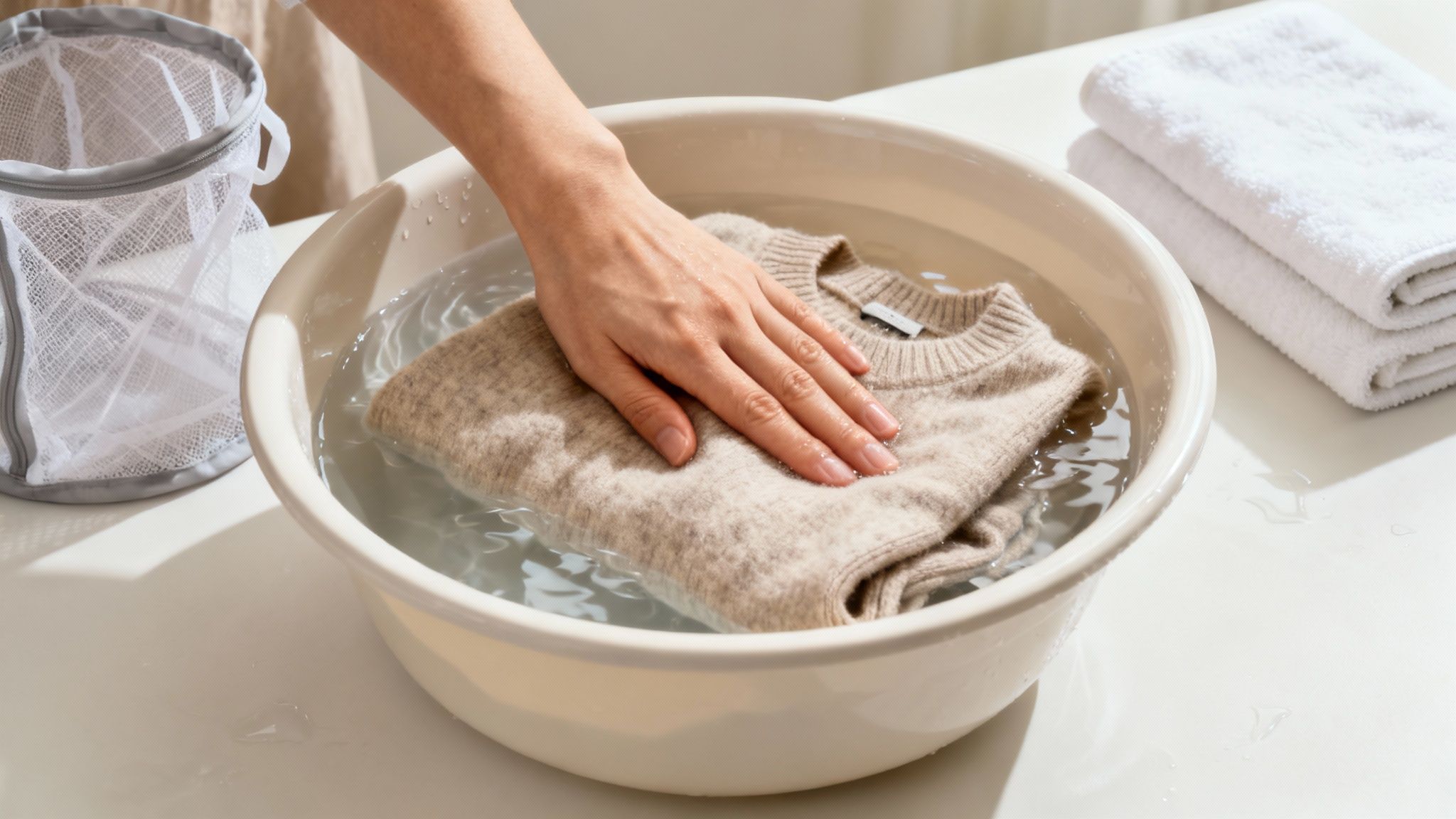 A person carefully hand-washing a cashmere sweater in a basin of water.