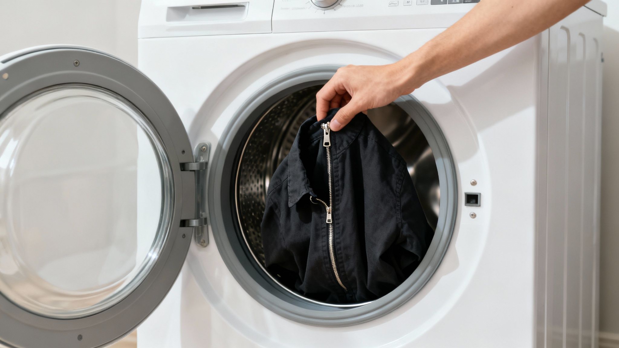 A person carefully adding dark clothes to a modern washing machine.