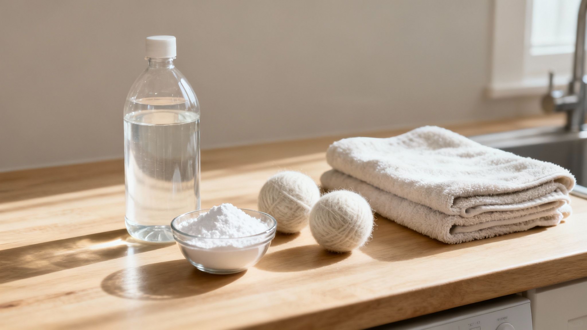 Natural ingredients like vinegar and baking soda arranged for DIY fabric softening.