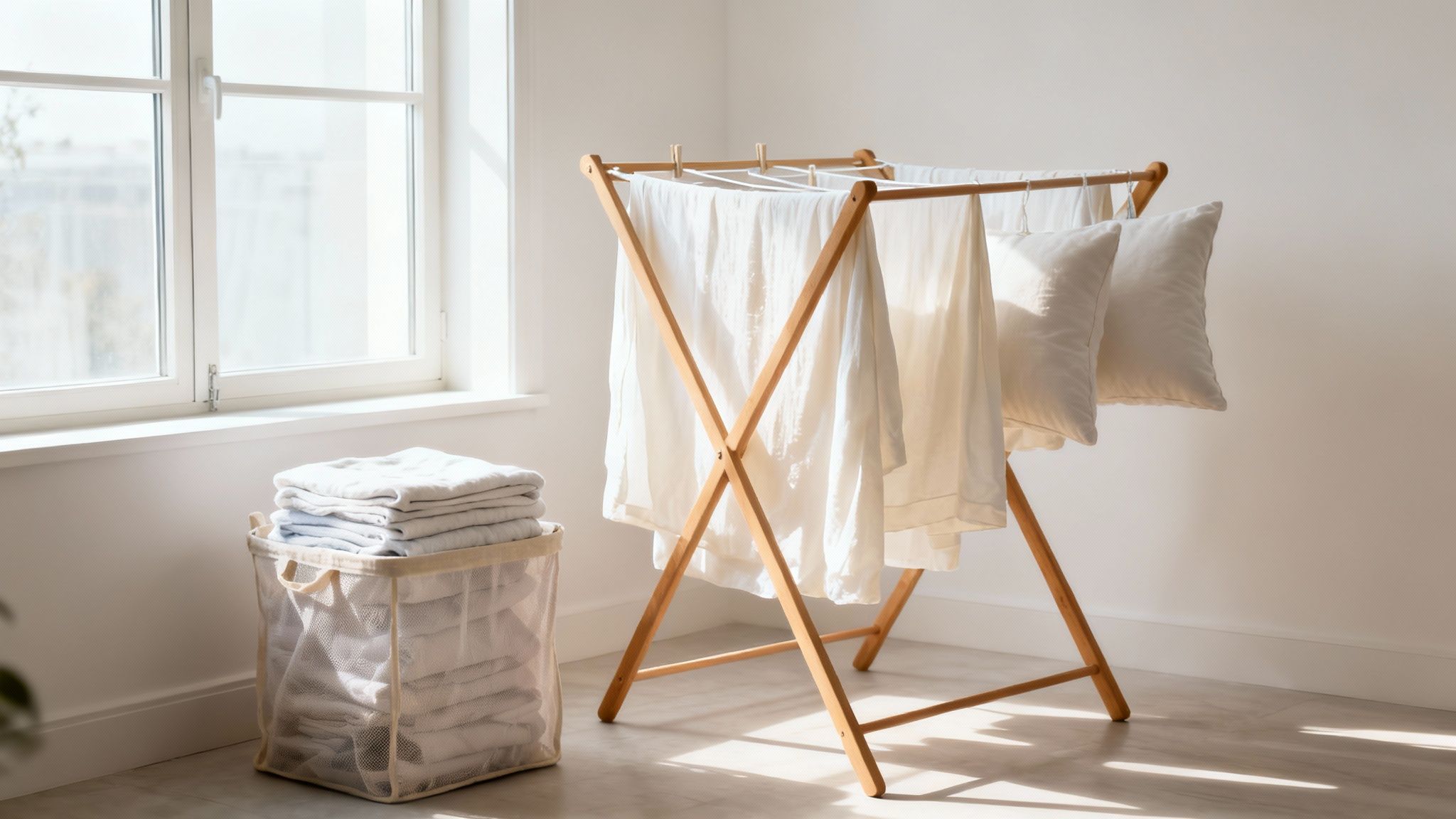 White linen clothes and pillows drying on a wooden rack next to a basket of folded laundry by a sunny window.