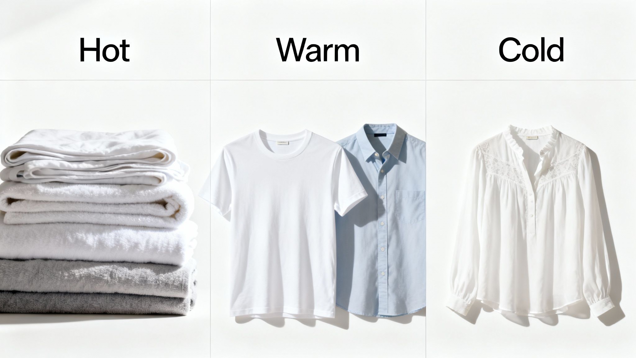 A neatly folded stack of white towels, sheets, and t-shirts ready for washing