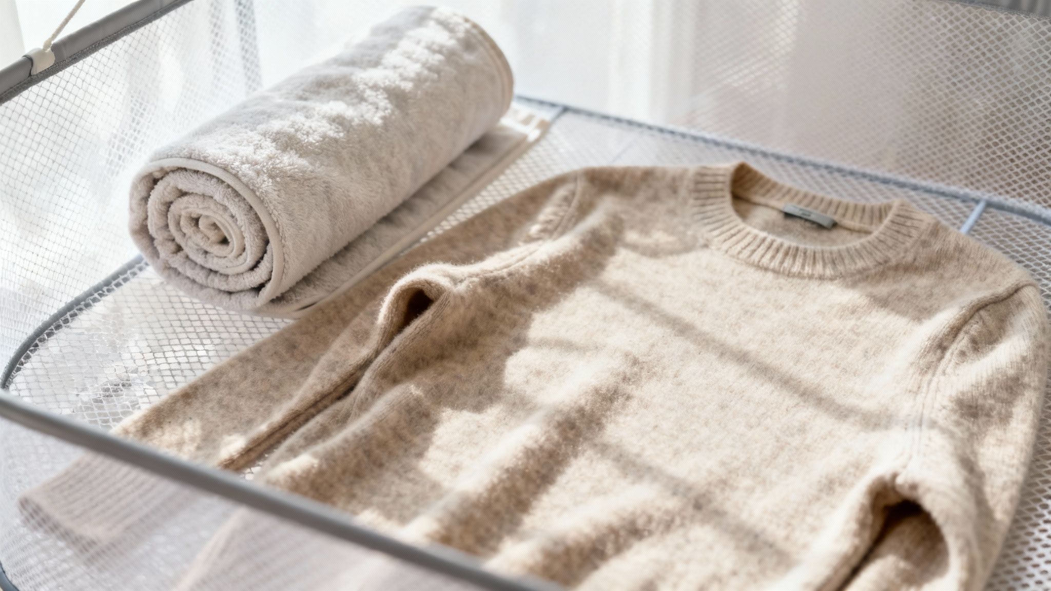 A cashmere sweater laid flat on a white towel to dry, demonstrating the proper technique.