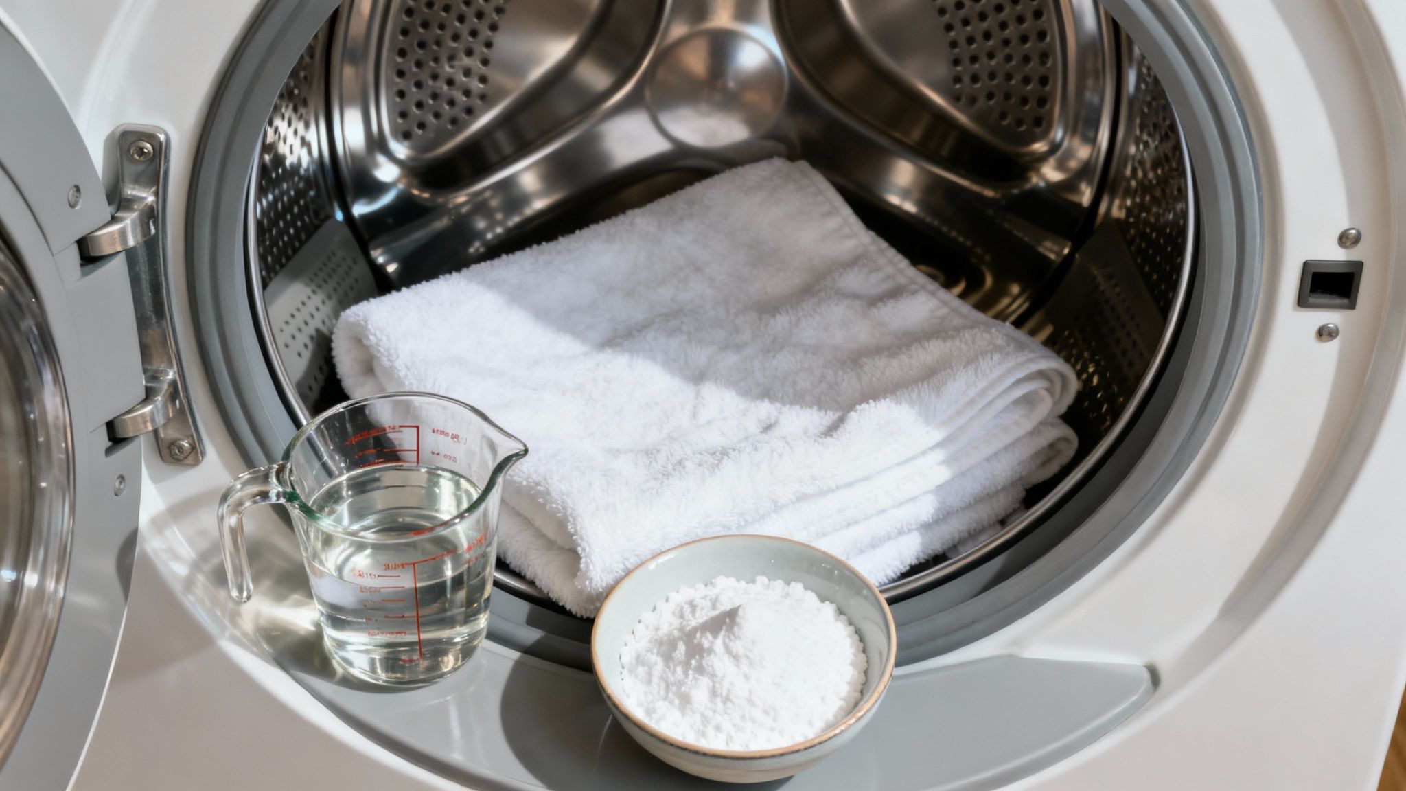 White towels inside a washing machine with a measuring cup of liquid and a bowl of white powder for laundry.