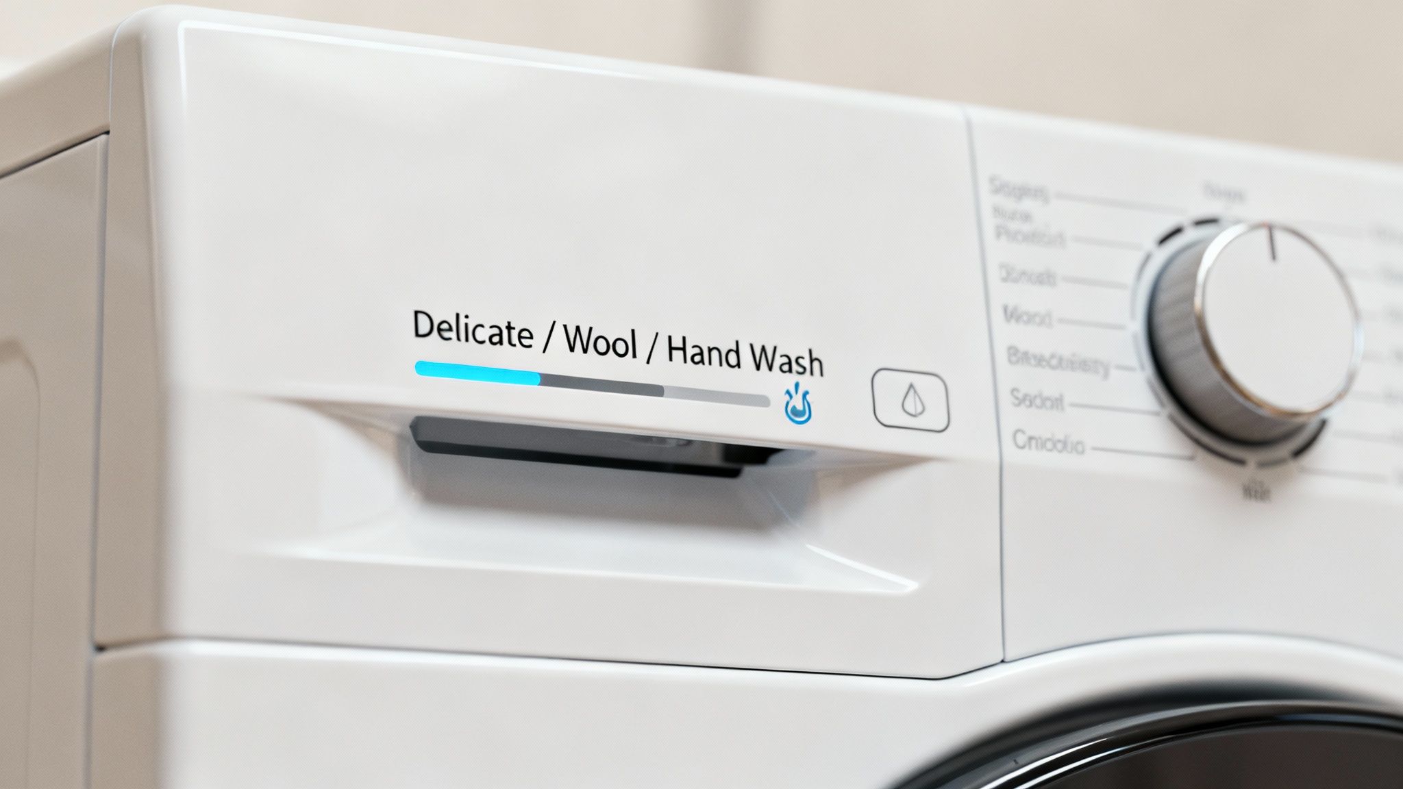 White washing machine control panel showing delicate wool hand wash cycle setting with dial