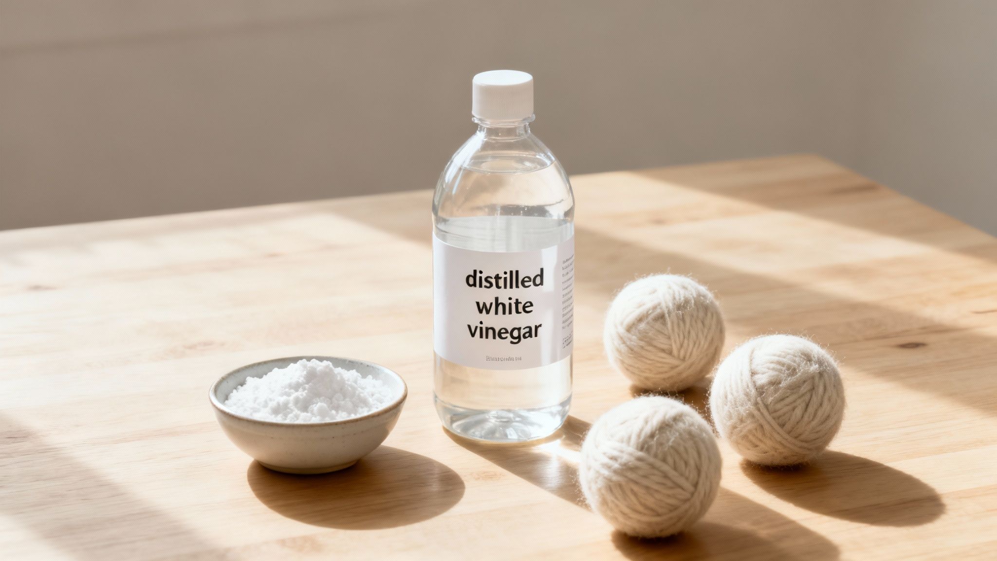 White vinegar being poured into a measuring cup with wool dryer balls nearby.