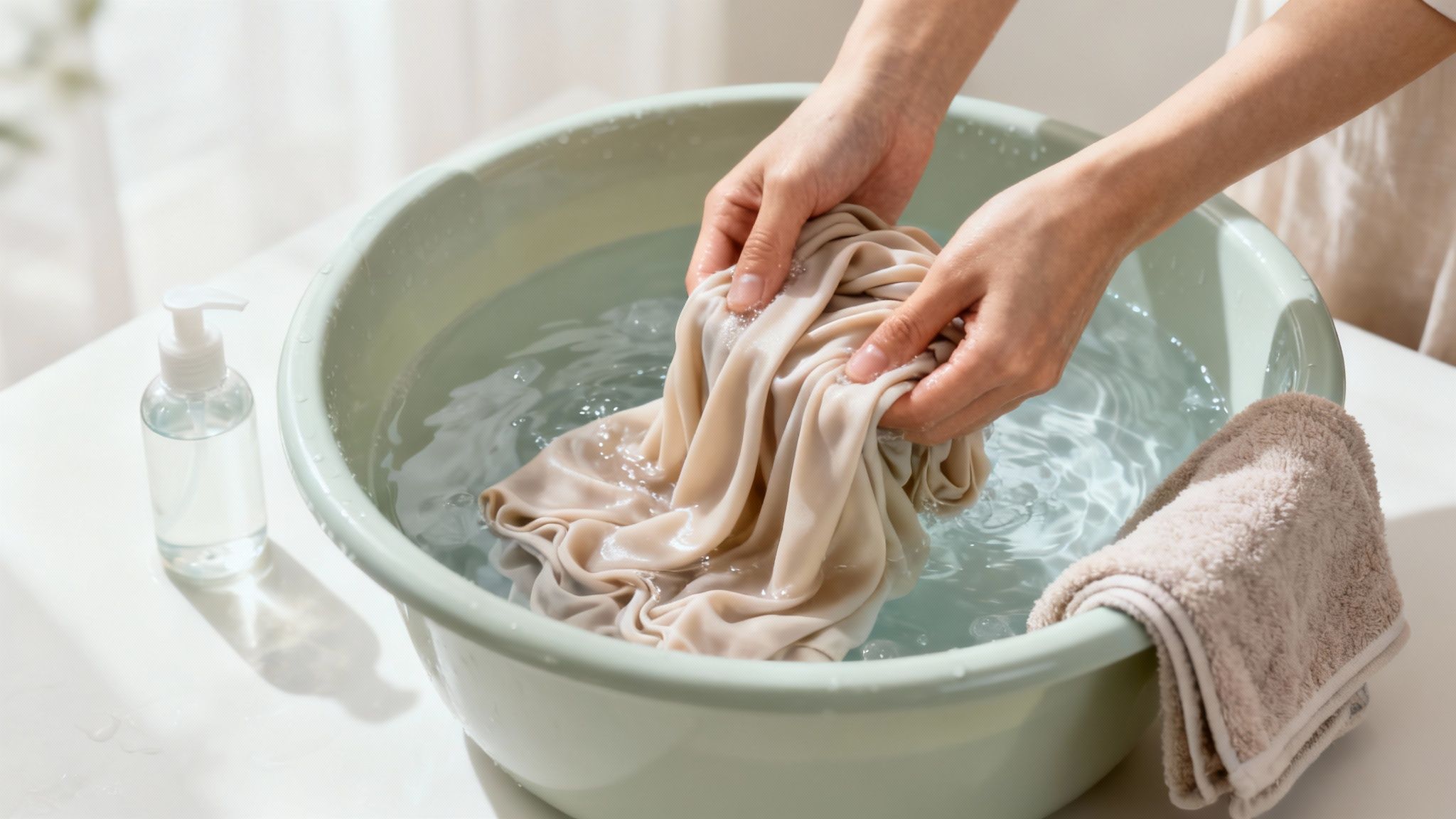 A person hand washing a garment in a sink