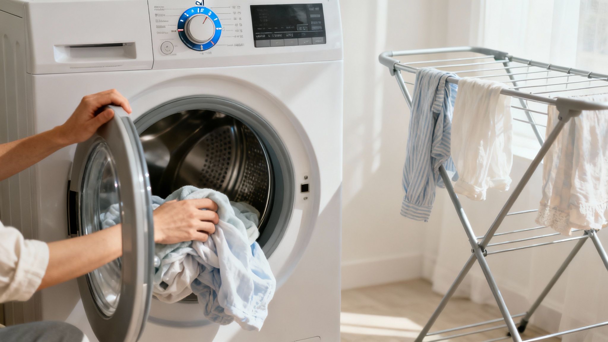 A person carefully adjusting washing machine settings.