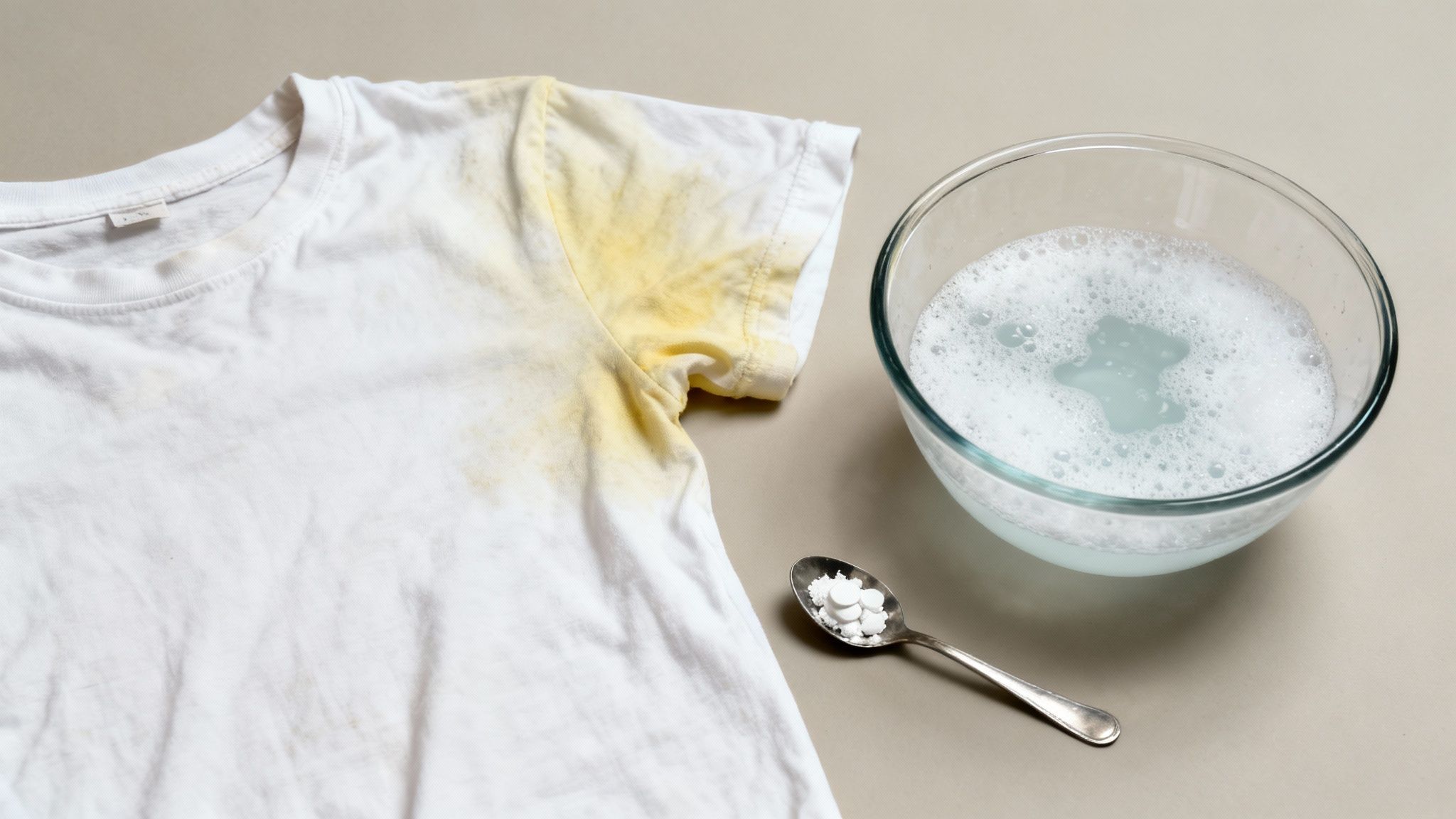 White t-shirt with yellow deodorant stains next to bowl of soapy water and aspirin tablets