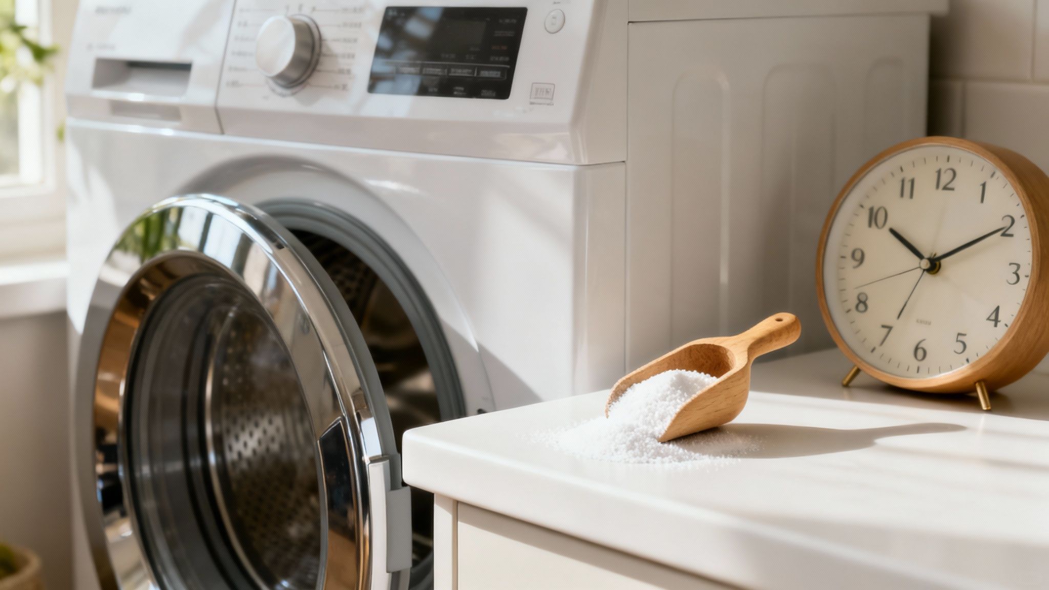A person leaving the door of their front-loading washing machine slightly ajar to let it air out after a wash cycle.