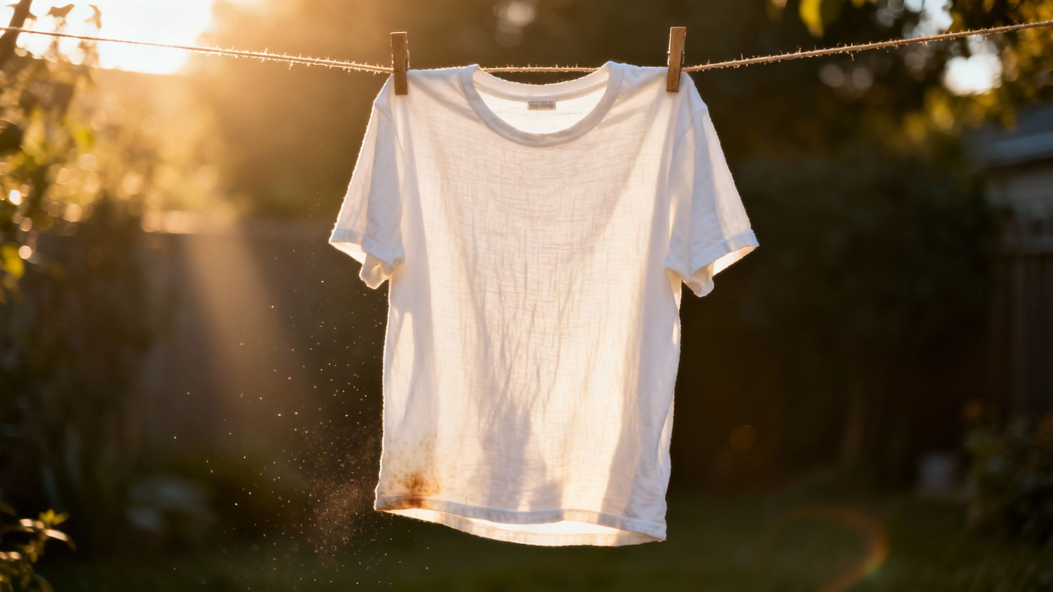 A white t-shirt with a brown stain hangs on a clothesline at golden hour, with dust particles.