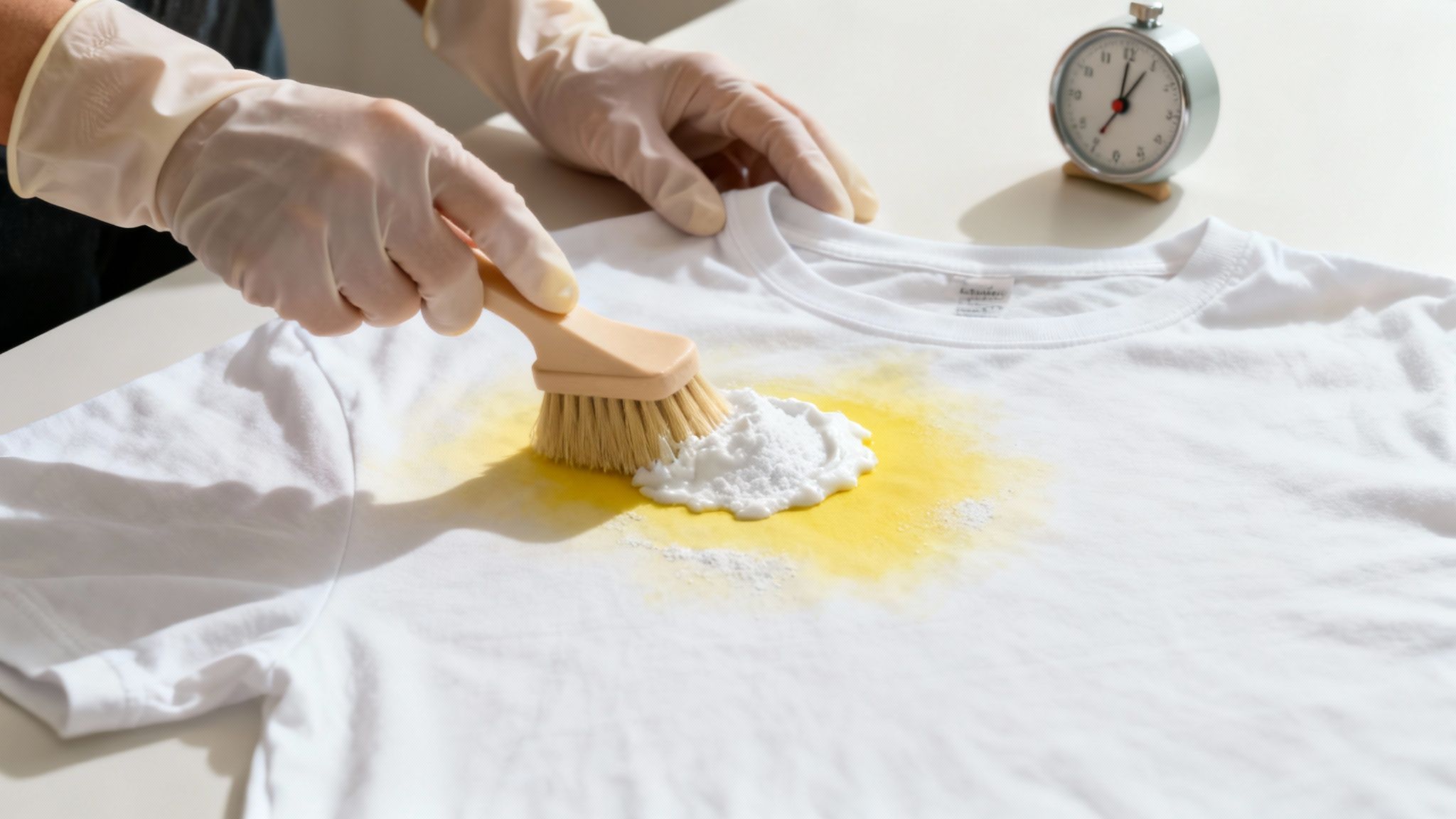 A person applying a cleaning paste to a white shirt.
