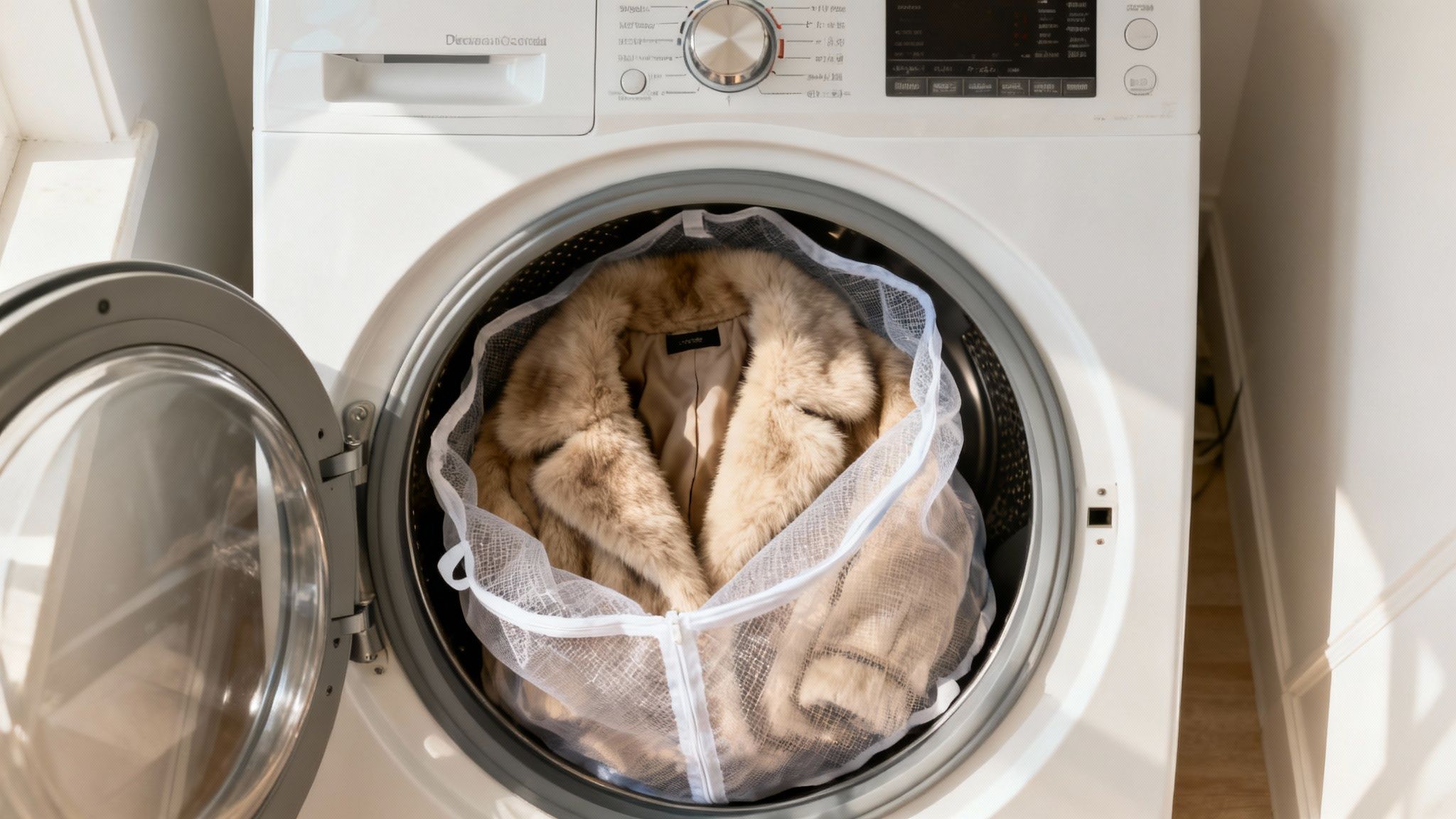 A person placing a faux fur coat inside a washing machine.
