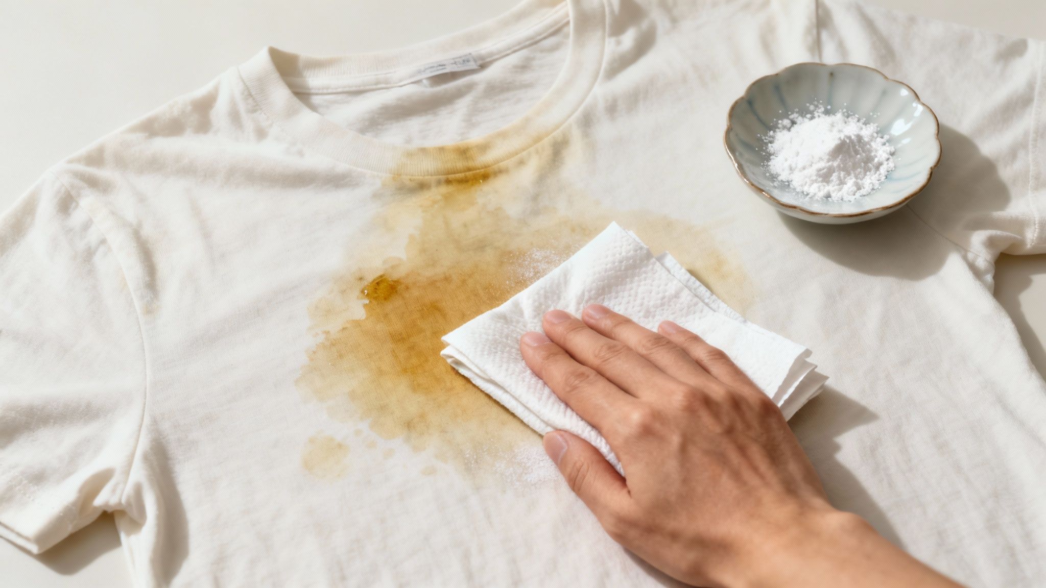 A person applying powder to an oil stain on a white t-shirt.