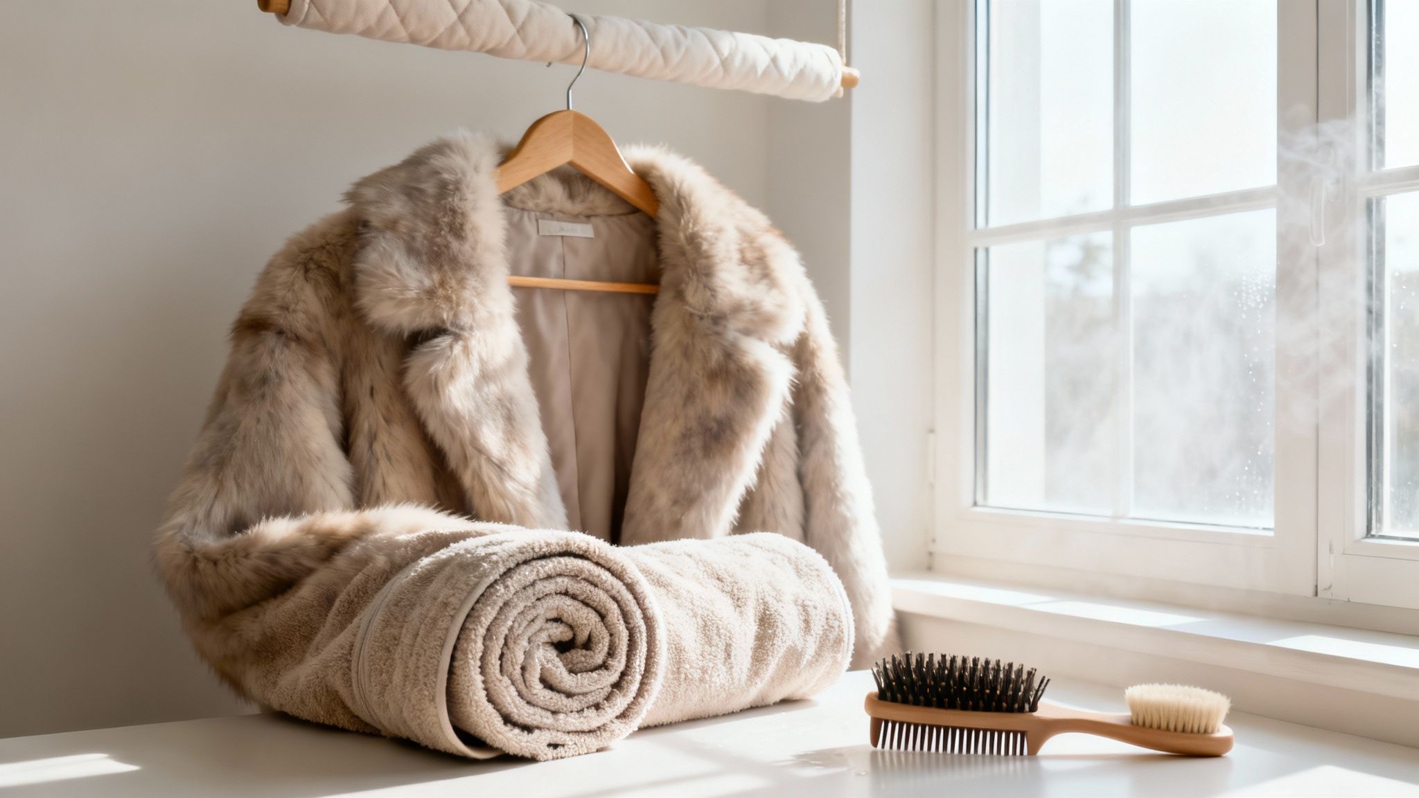 A person gently brushing a dry faux fur coat to fluff it up.