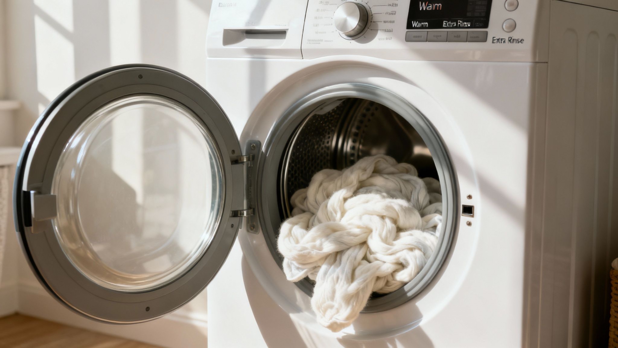 Clothes tumbling inside a modern washing machine.