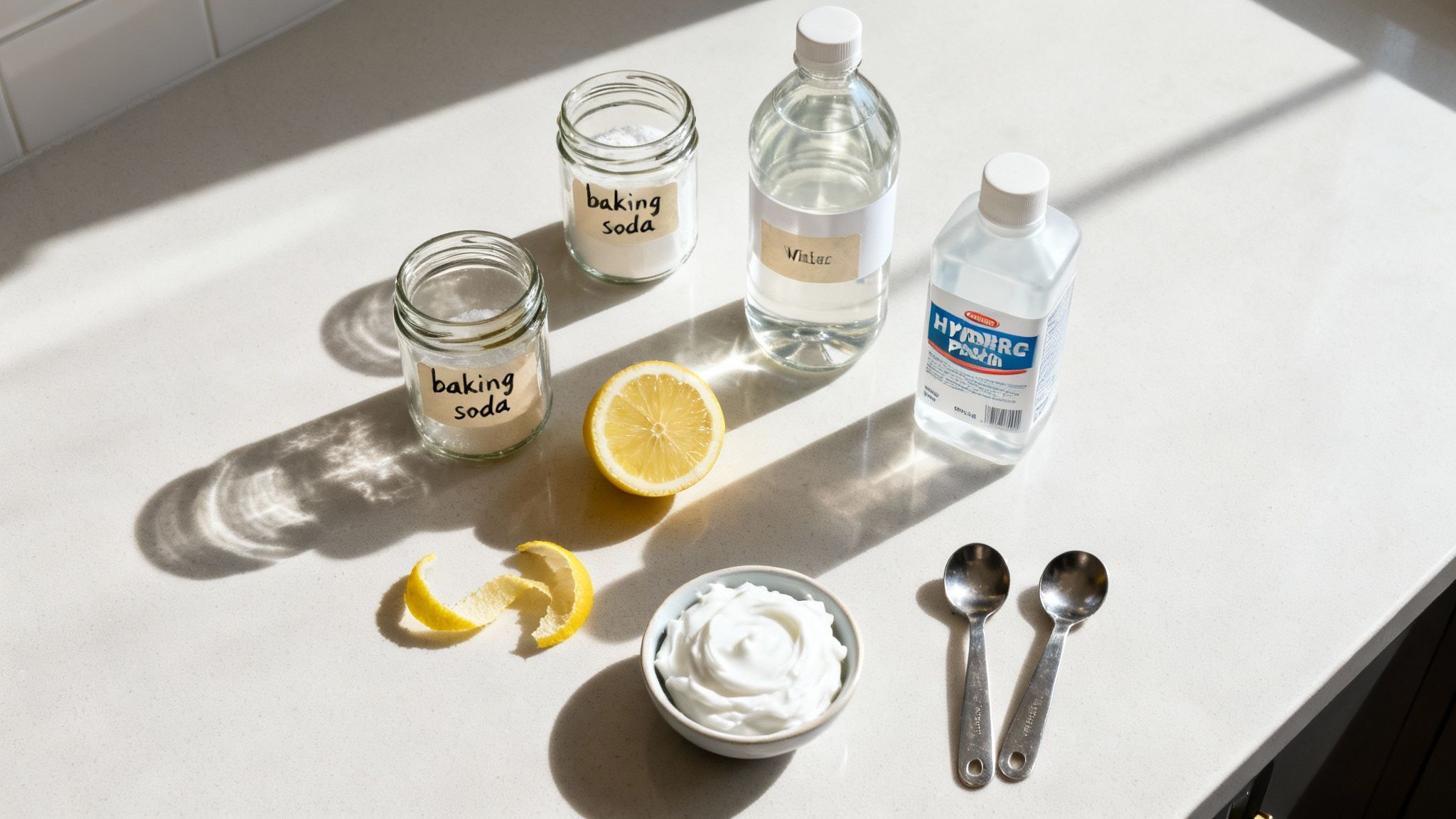 A display of natural cleaning ingredients like baking soda, vinegar, and lemon on a wooden surface.