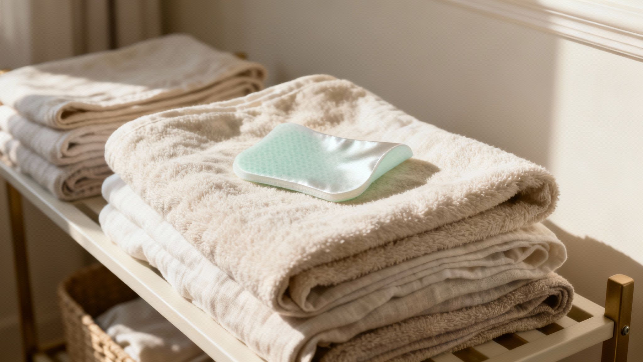 Person smelling a freshly laundered towel, infused with a luxurious scent