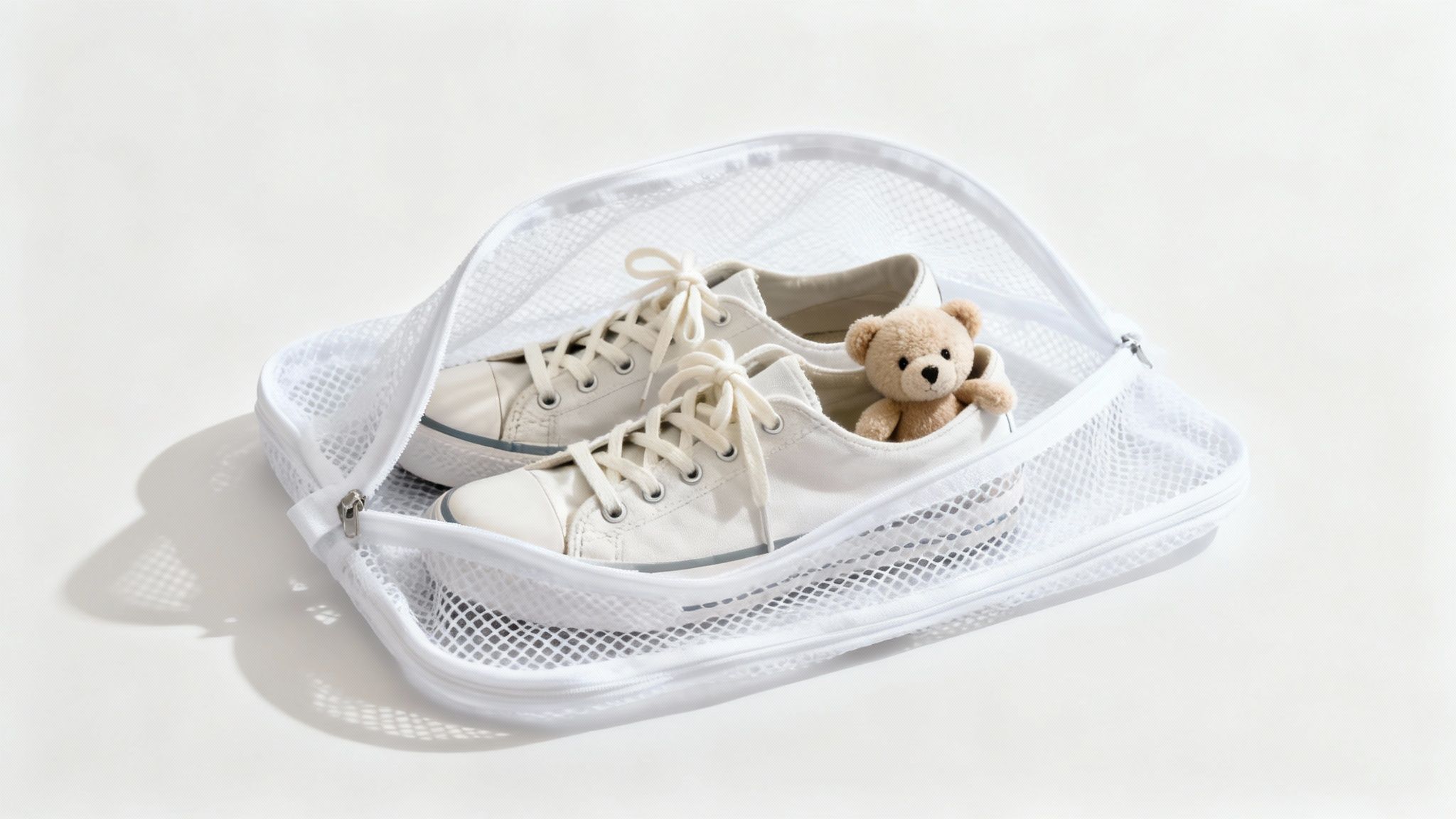 A collection of various items like sneakers and stuffed animals next to laundry mesh wash bags
