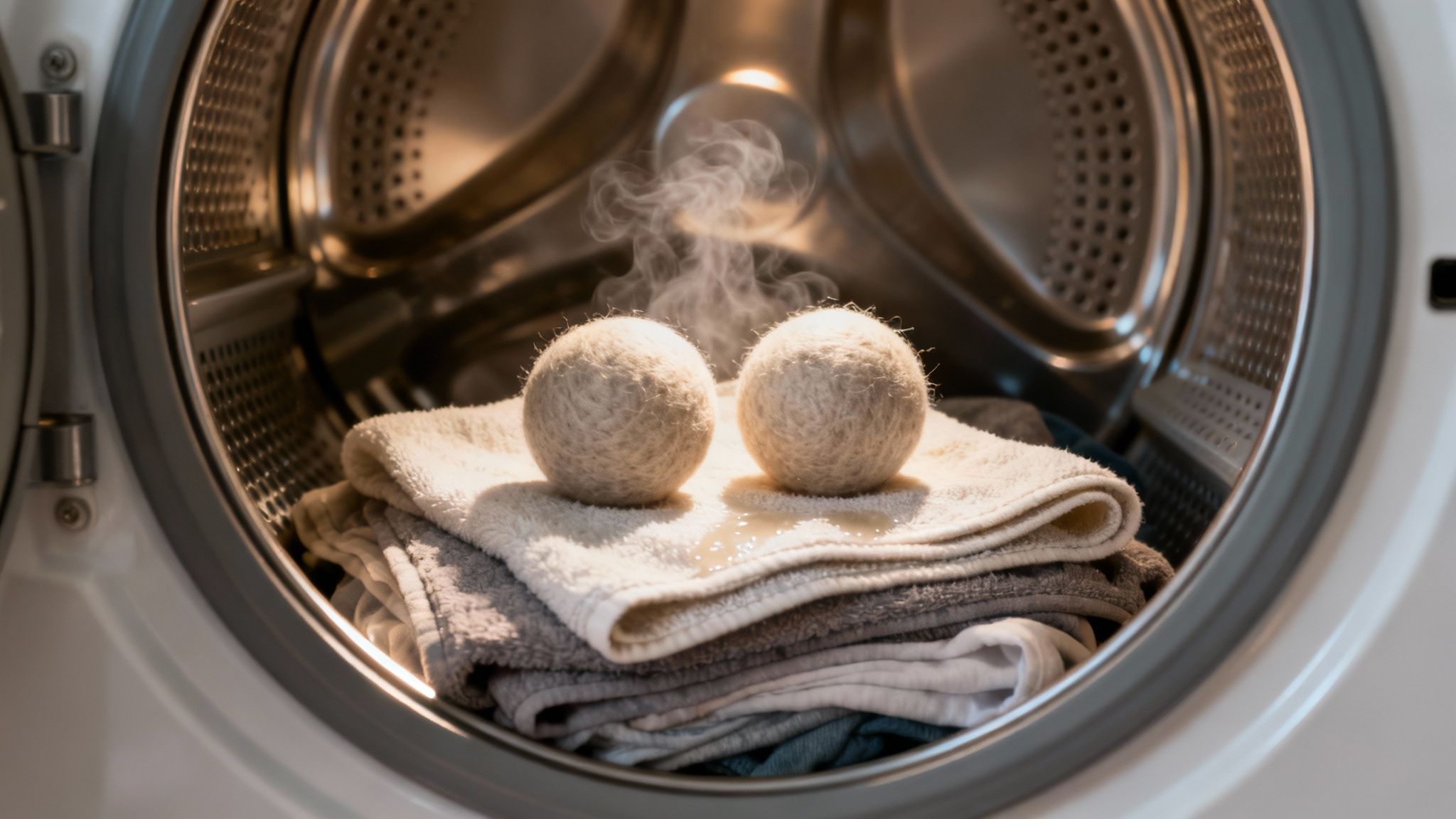 A person placing wool dryer balls into a clothes dryer filled with laundry.