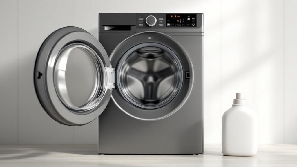 Close-up of a front-loading washing machine door with clean laundry inside.