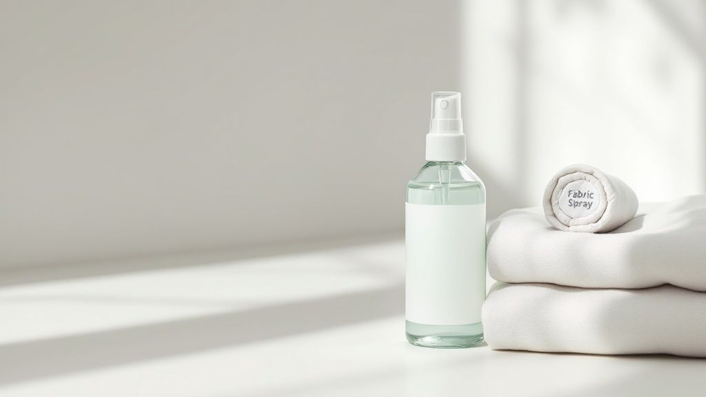 Person holding a bottle of a fabric spray in front of a wardrobe of clothes