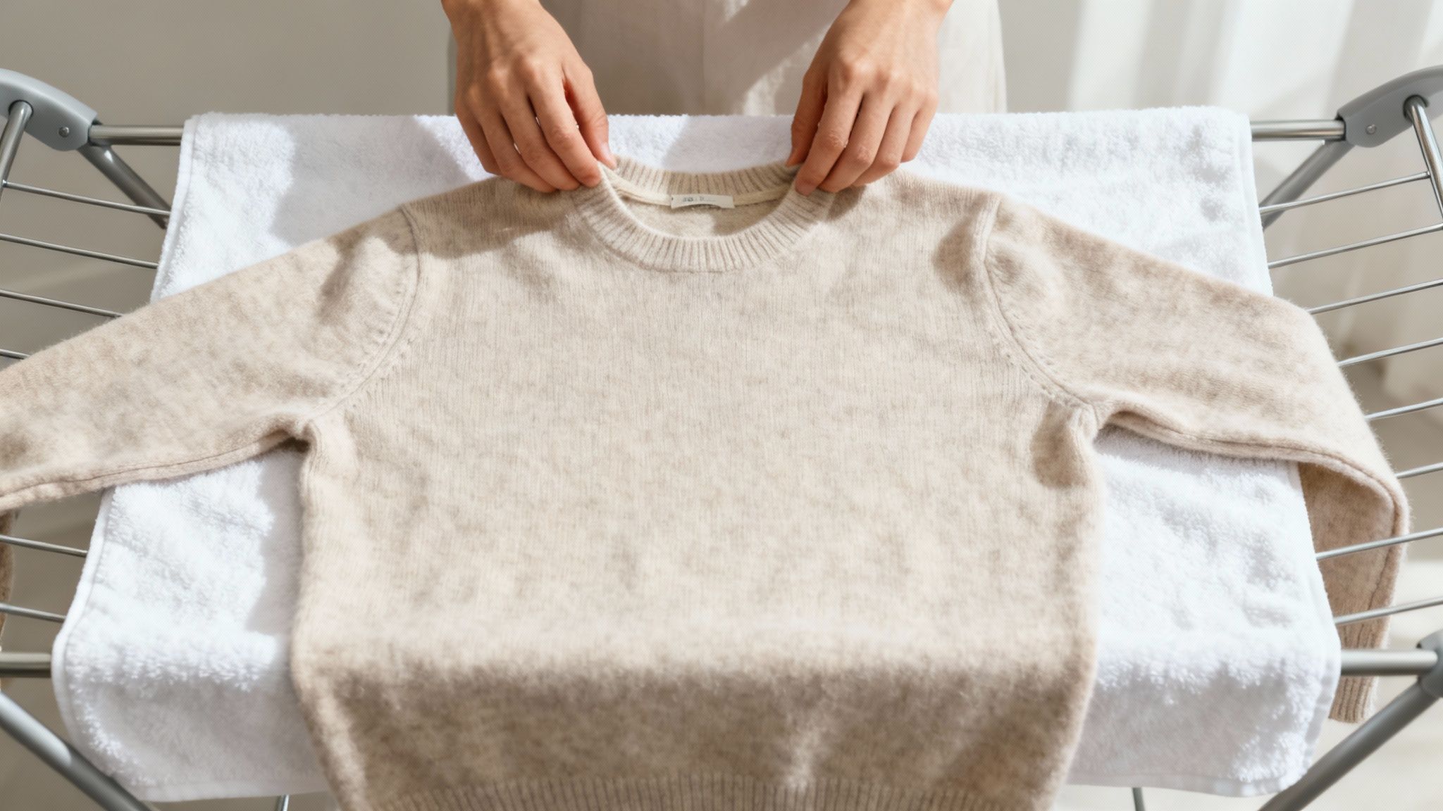 A person laying a wet cashmere sweater flat on a clean, dry towel to air dry