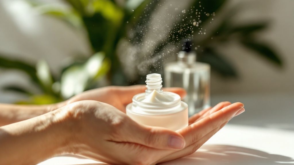 Bottles of perfume with varying liquid levels, suggesting different concentrations.