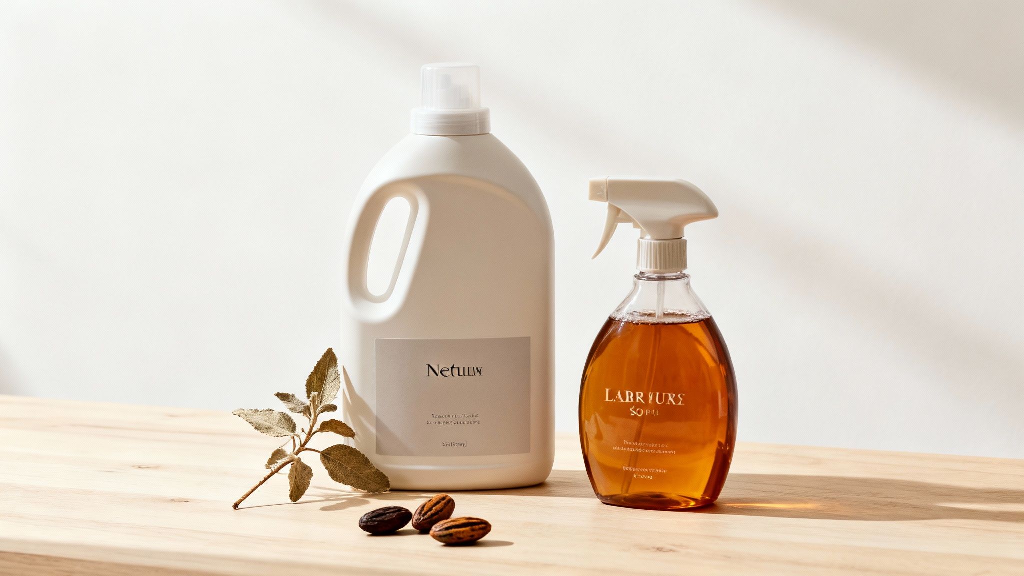 A luxurious bottle of scented fabric softener next to a stack of neatly folded, fresh-smelling laundry.