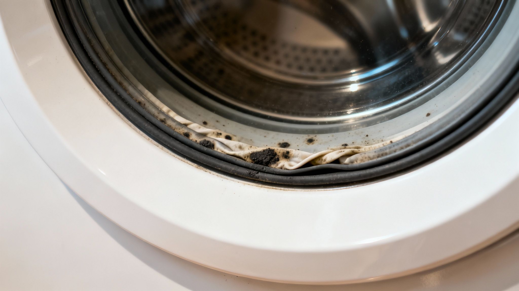A close-up of the inside of a washing machine drum and door gasket.