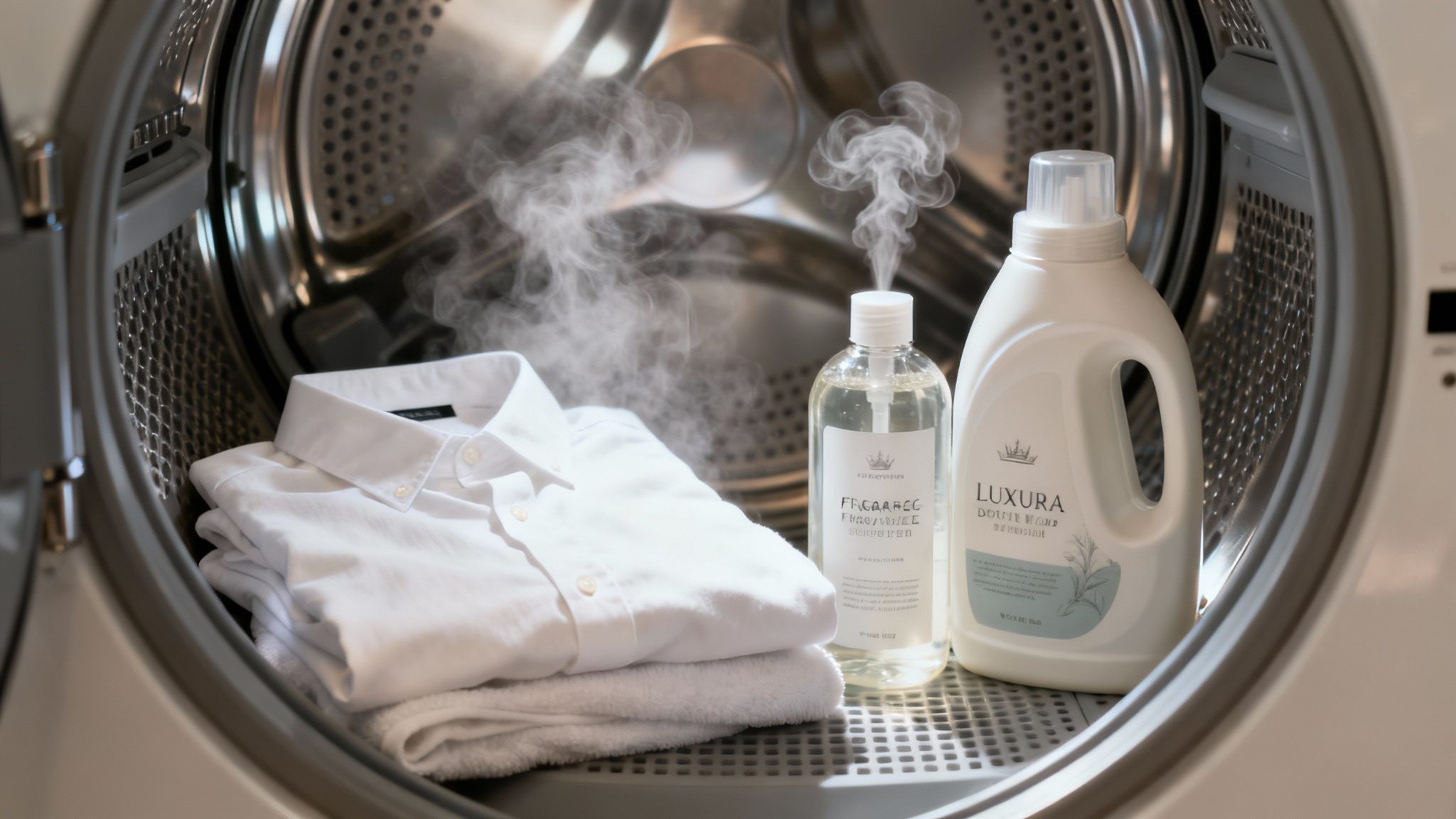A modern laundry room with Active Scent products neatly arranged on a shelf.