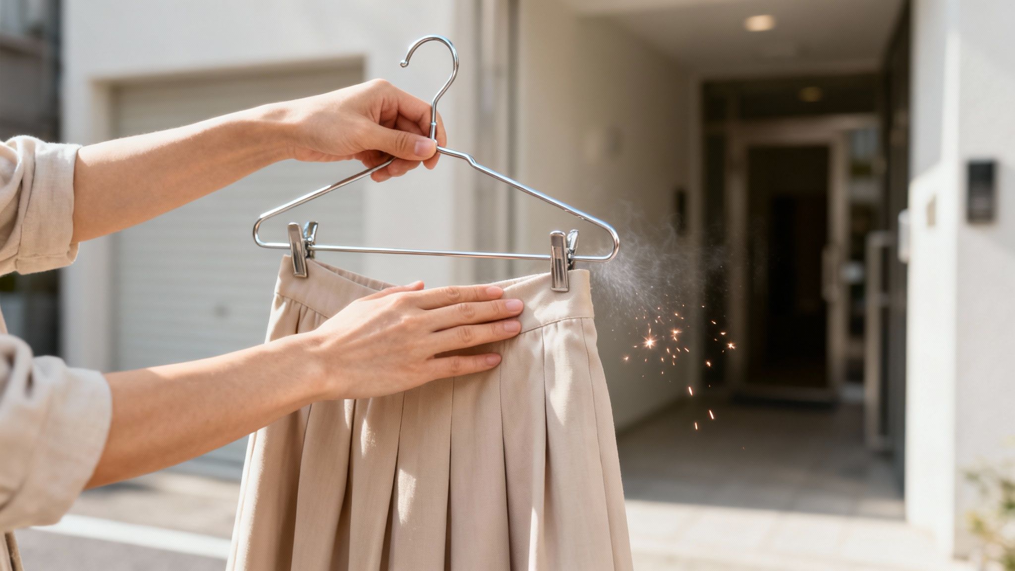 Woman holding beige pleated skirt on metal hanger experiencing static electricity sparks