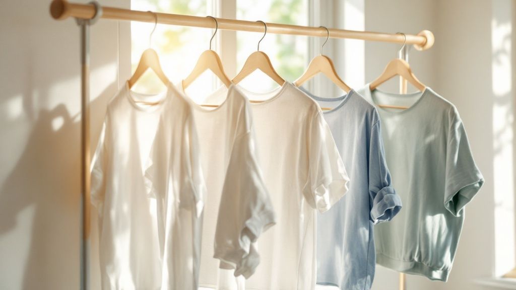 A clothesline with clean laundry drying in the bright sun.