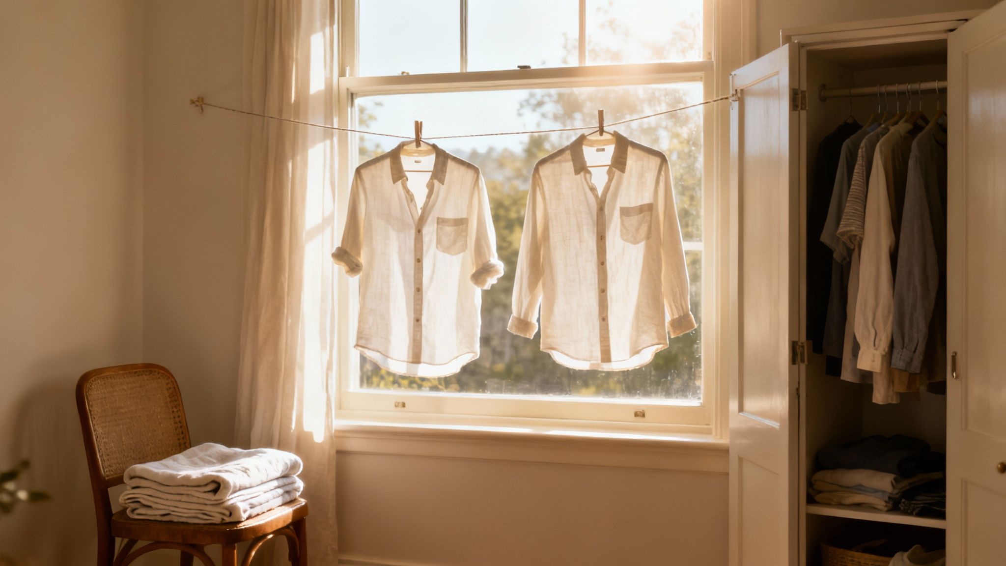 A person neatly folding a freshly dried sweater on a wooden table.