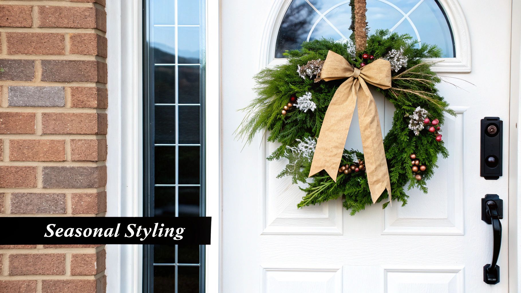 A festive green wreath with a large beige bow and berries hangs on a white front door next to a brick wall.