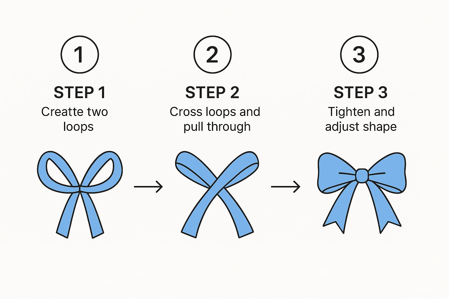 Infographic showing the three key steps to tie a basic ribbon bow: create two loops, cross them over, and tighten to finish.