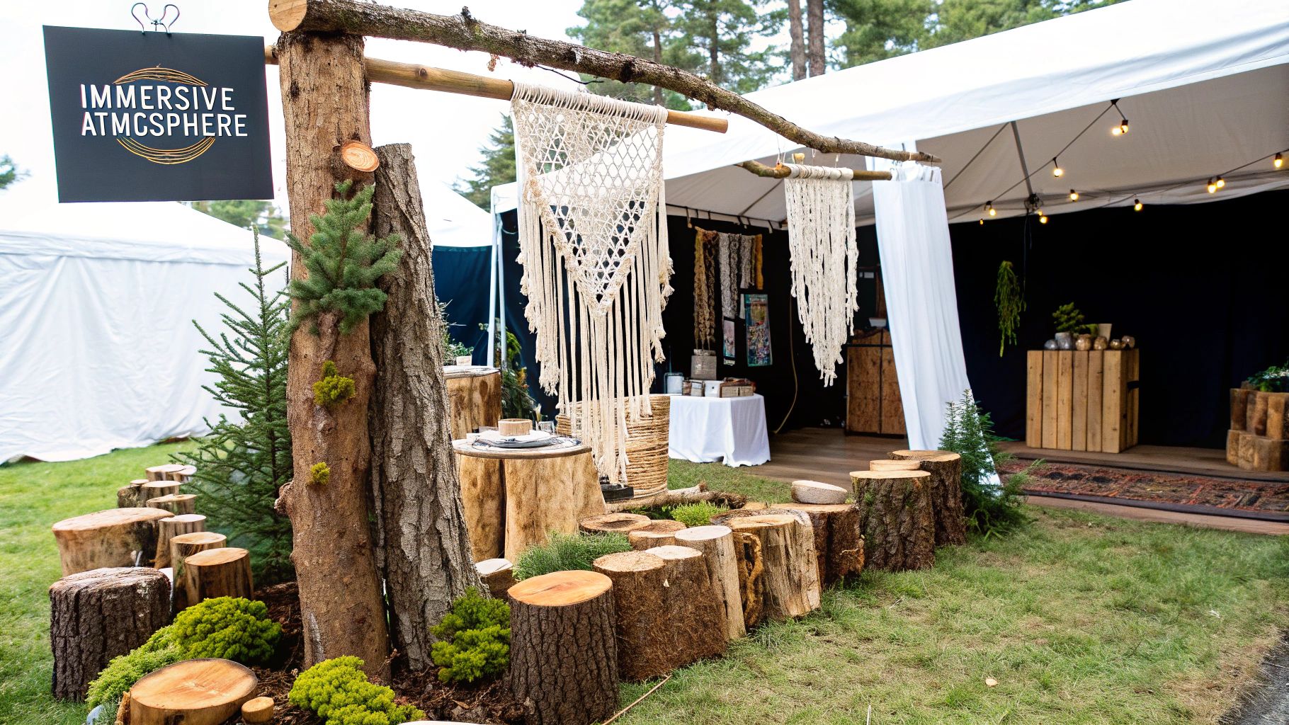 A rustic, woodland-themed craft show booth featuring products displayed on logs and natural wood elements.