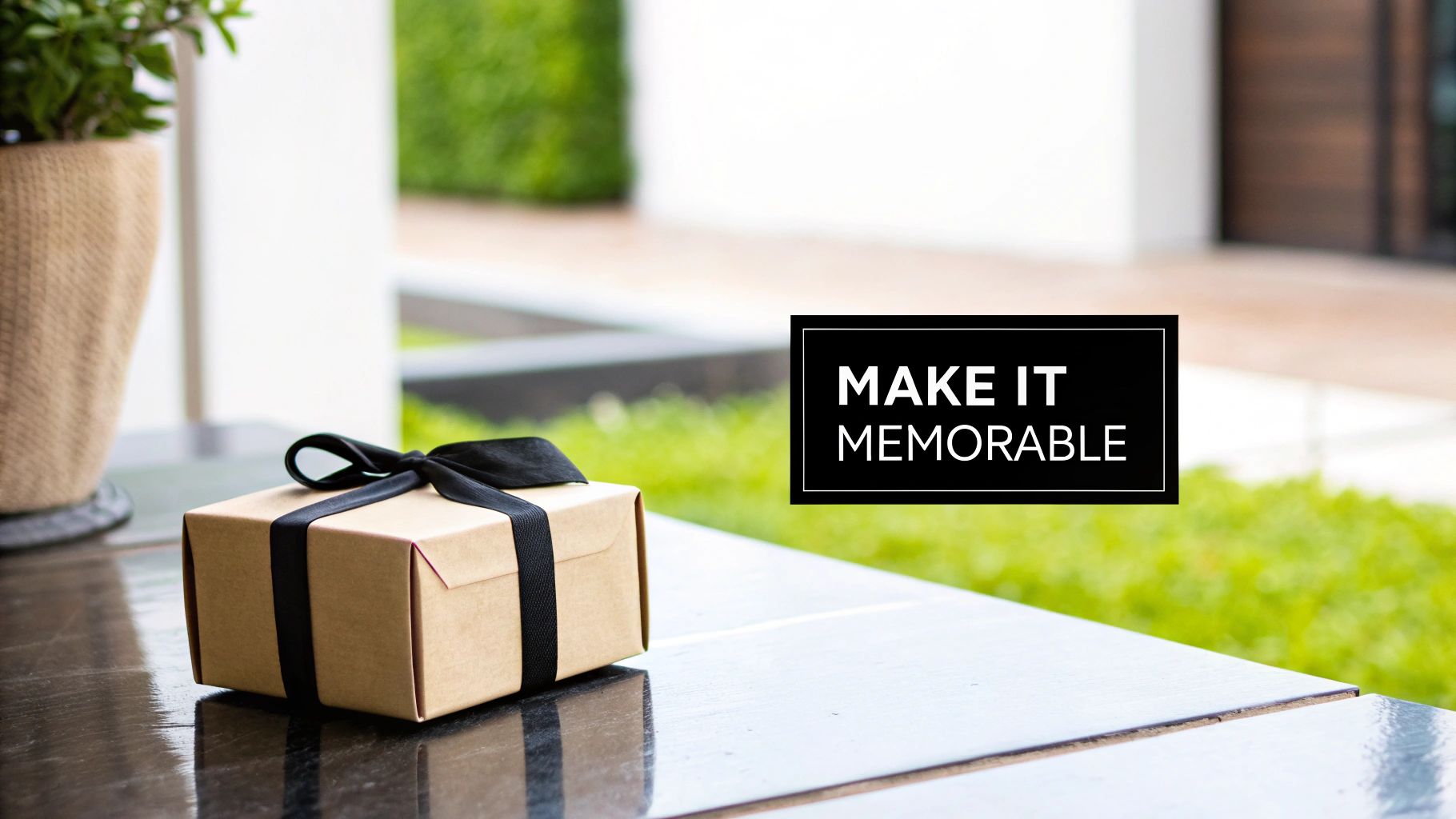 Elegant kraft paper gift box with black ribbon bow on reflective table surface