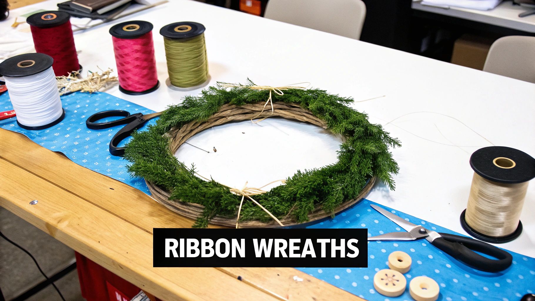 A collection of colourful ribbons, a wire wreath frame, scissors, and other crafting supplies neatly arranged on a wooden table.