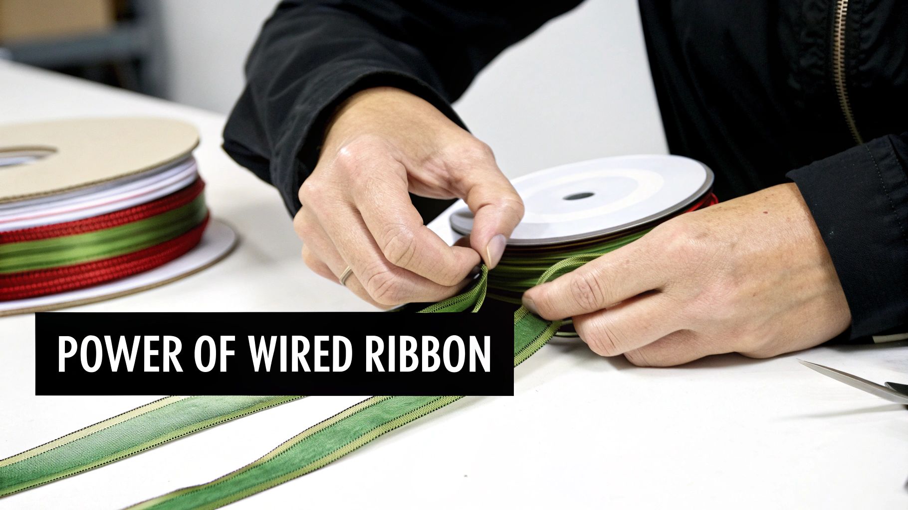 A beautiful, perfectly shaped wired ribbon bow on a craft table, showcasing its full loops.
