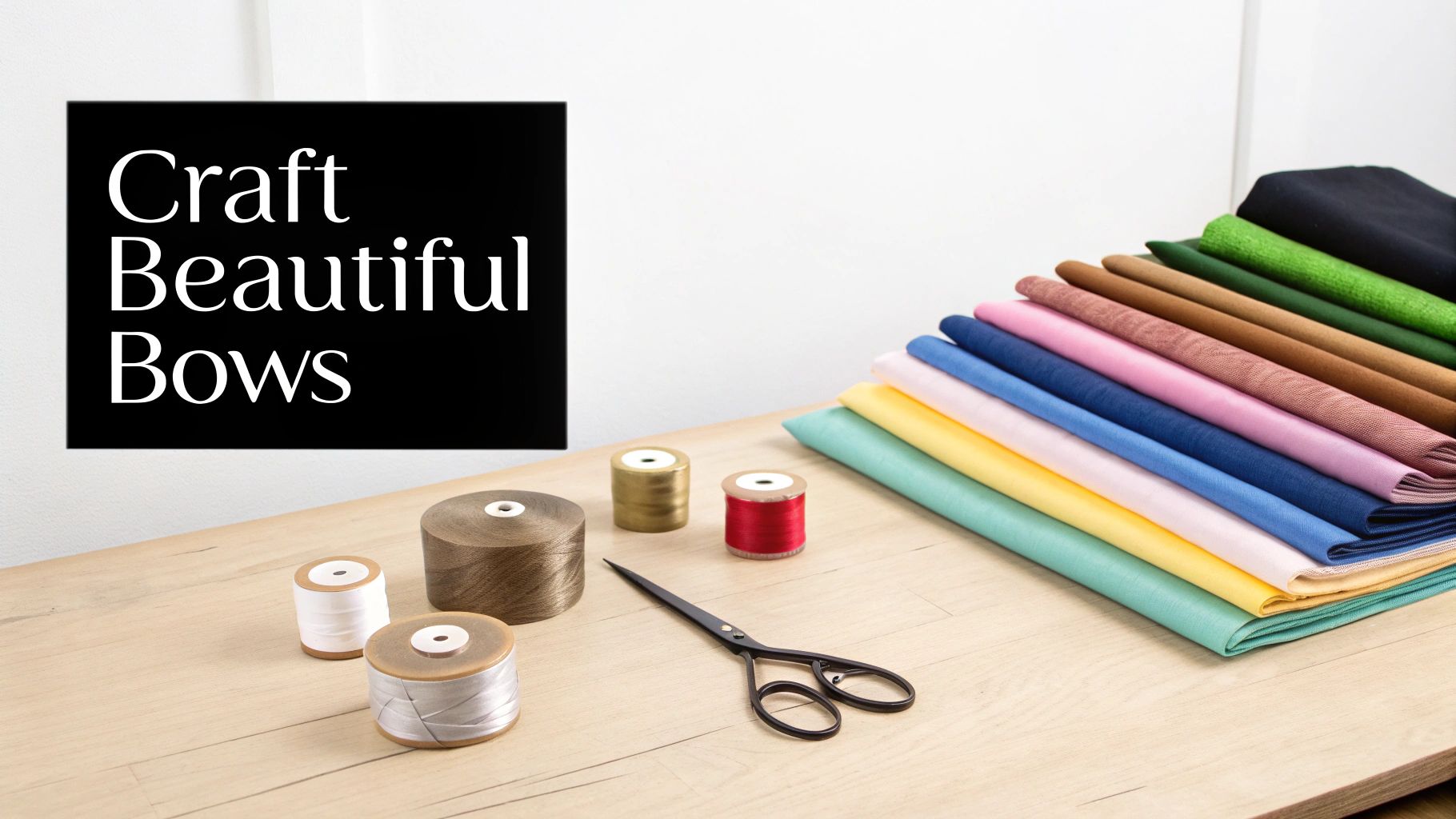 Crafting supplies including colorful fabric, ribbons, and scissors on a wooden table, with text 'Craft Beautiful Bows'.