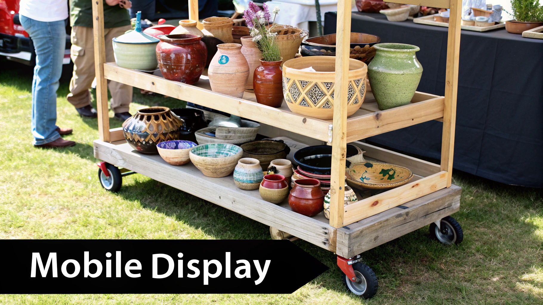 A mobile wooden cart with shelves used to display plants and home decor items at an outdoor market.