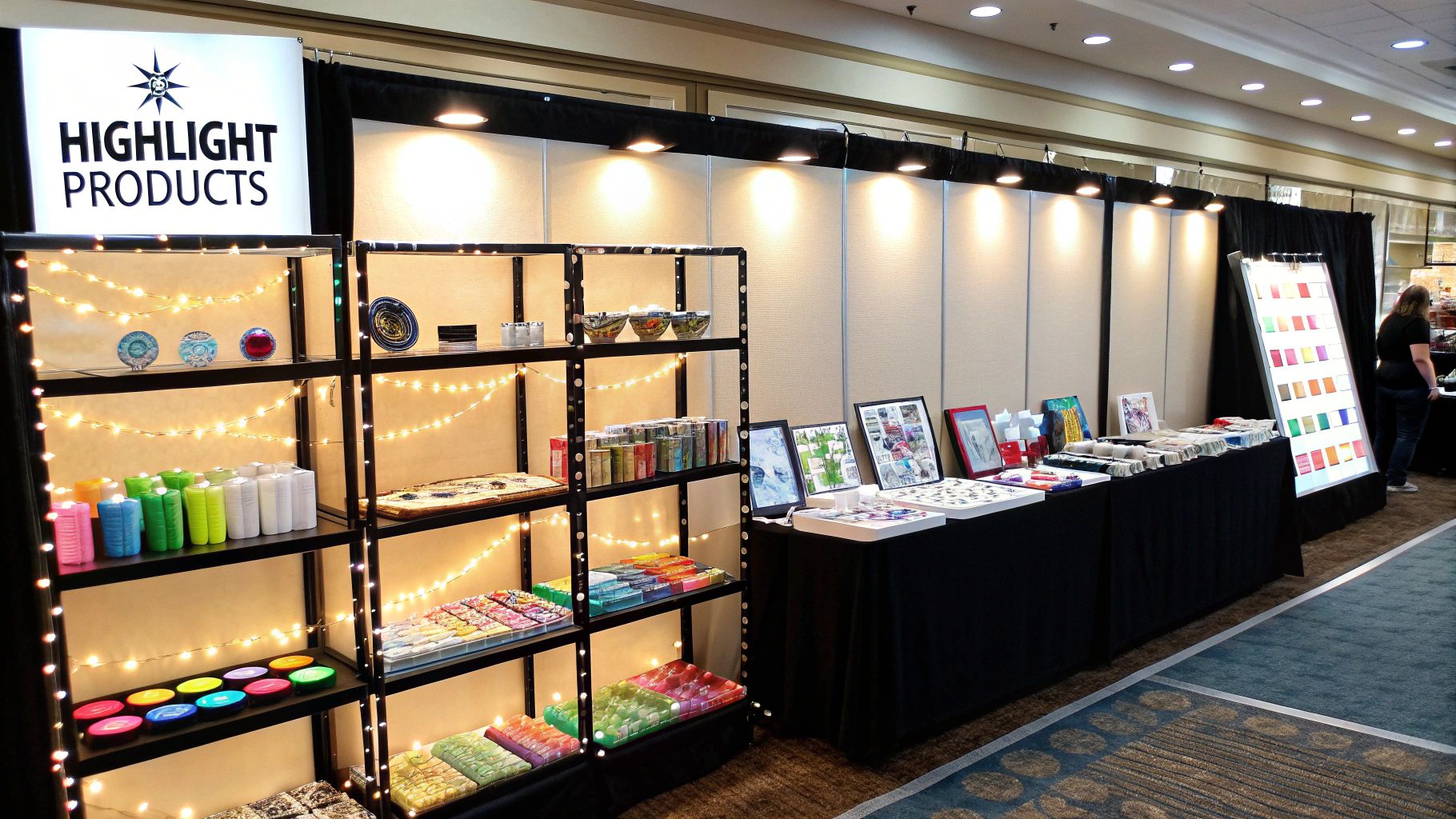 A well-lit craft show booth using spotlights to highlight handmade products, creating an inviting atmosphere.