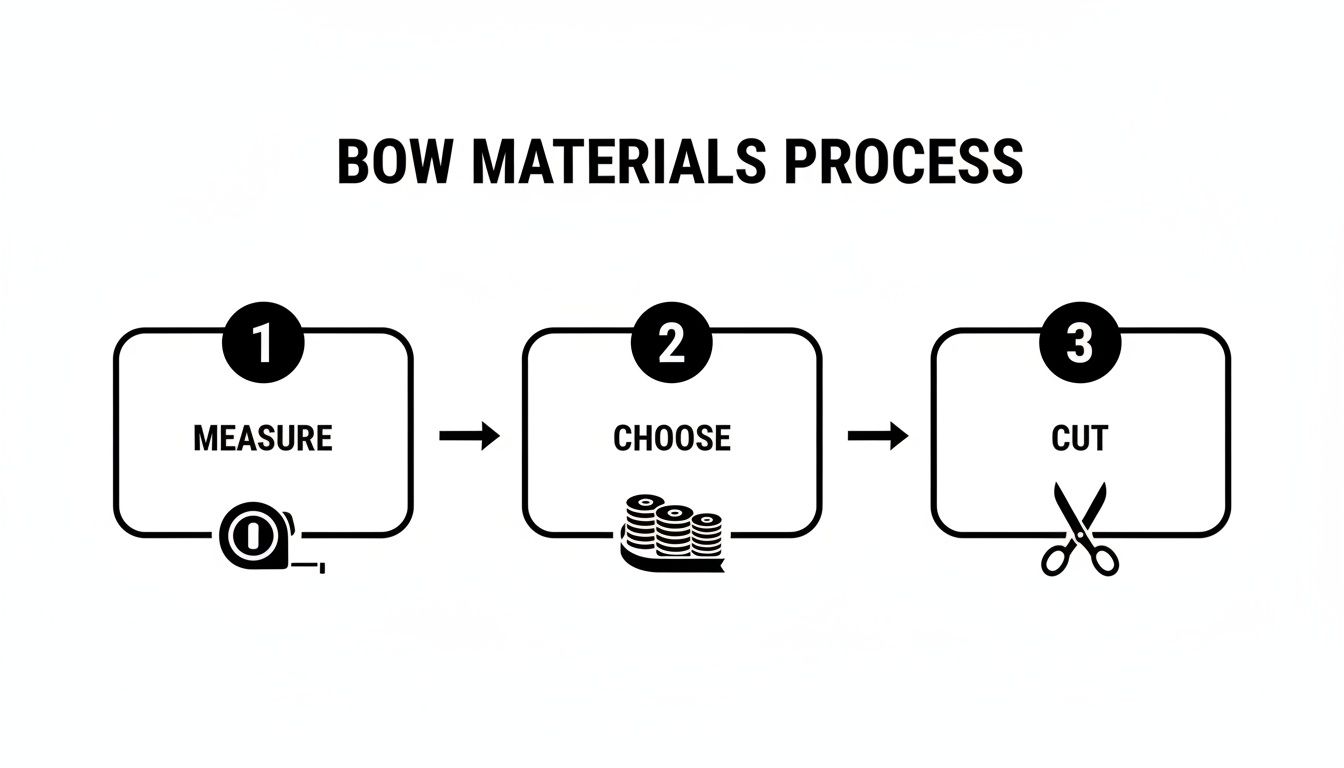 A three-step process for making bows, including measure, choose materials, and cut them.