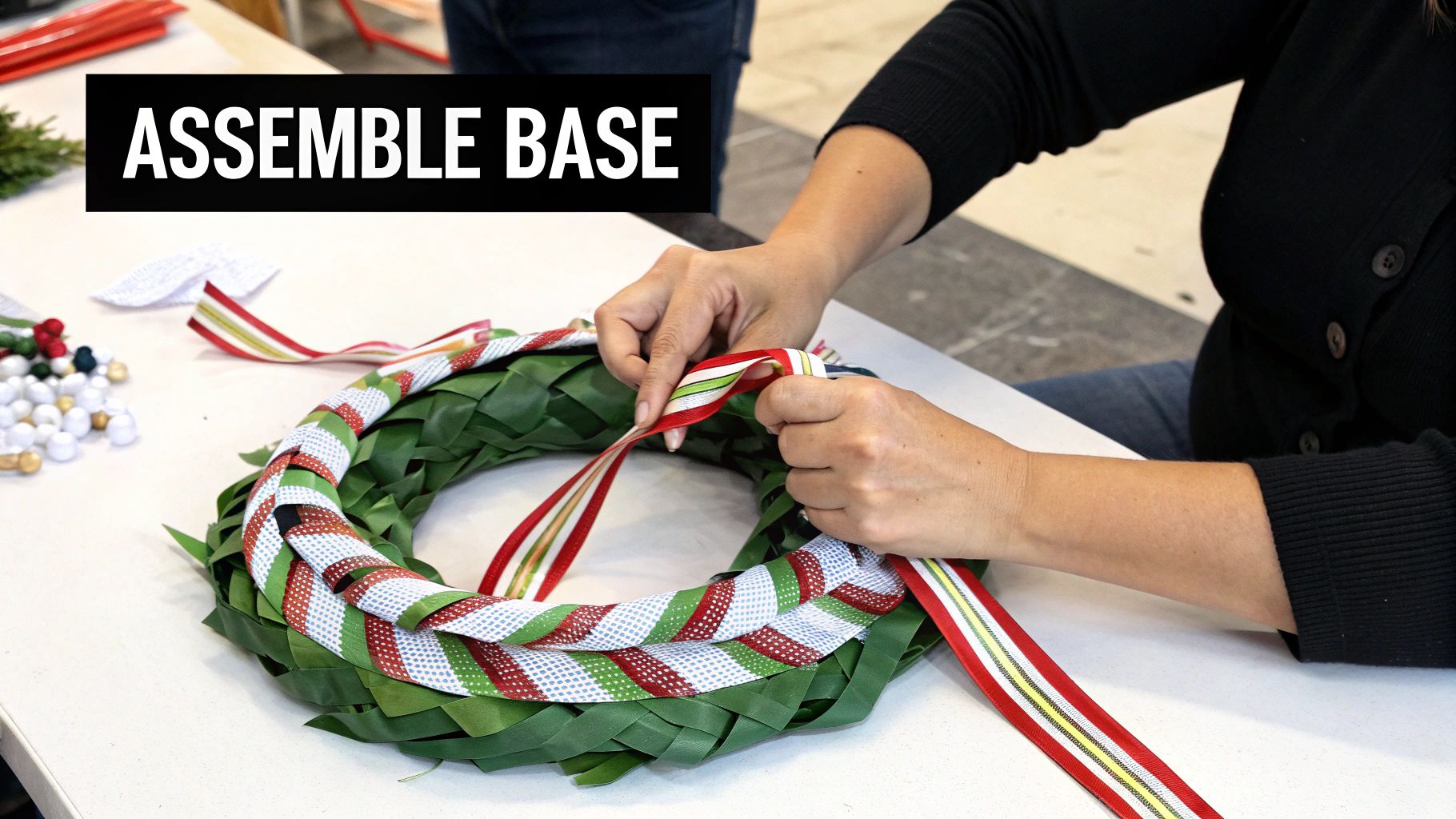 A beautifully finished ribbon wreath adorned with a large bow and other small decorative elements, hanging on a door.