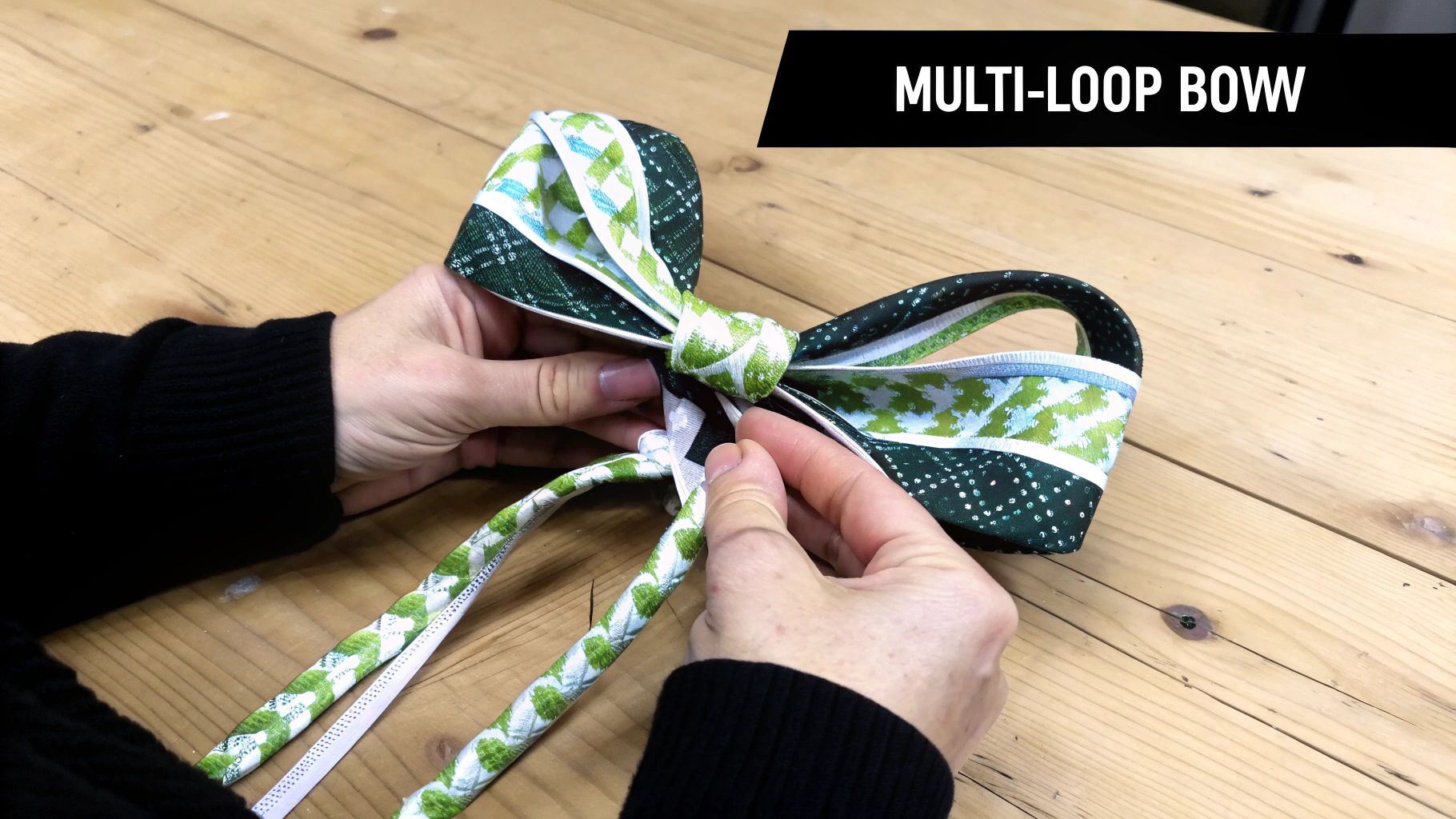 A person's hands crafting a beautiful multi-loop wired ribbon bow.