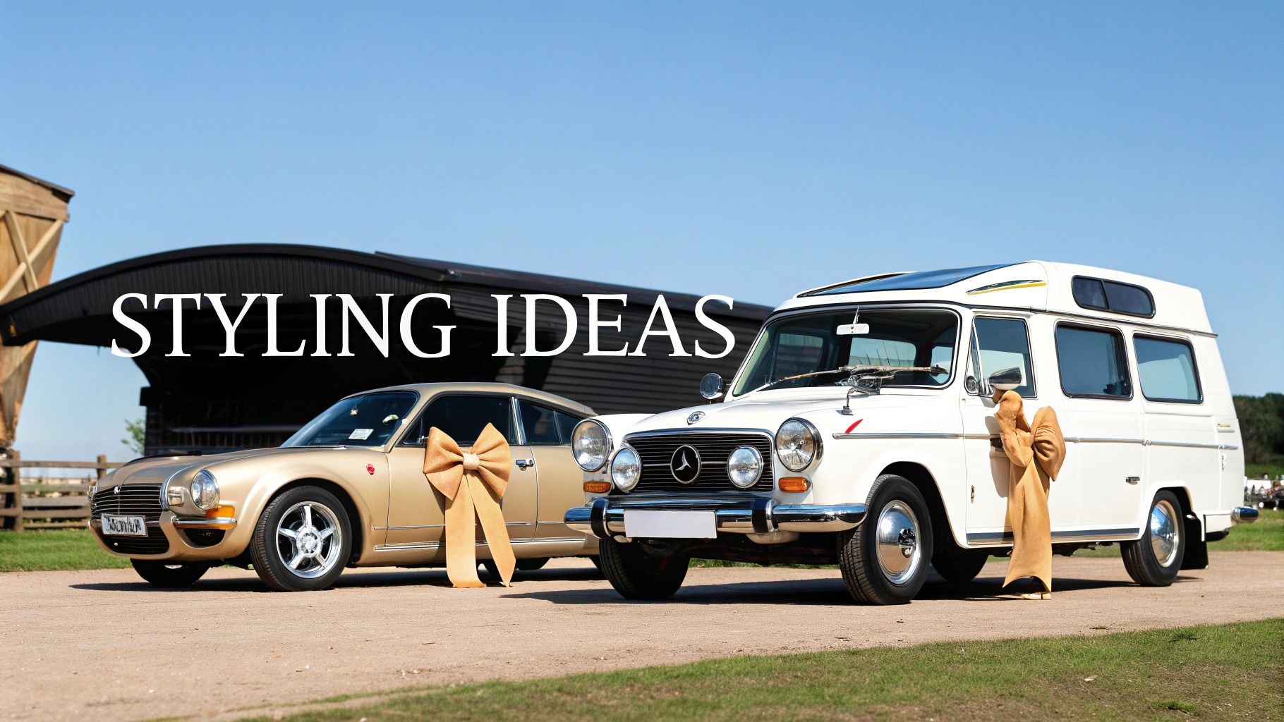 Two vintage cars, a gold coupe and a white van, adorned with large gold bows.