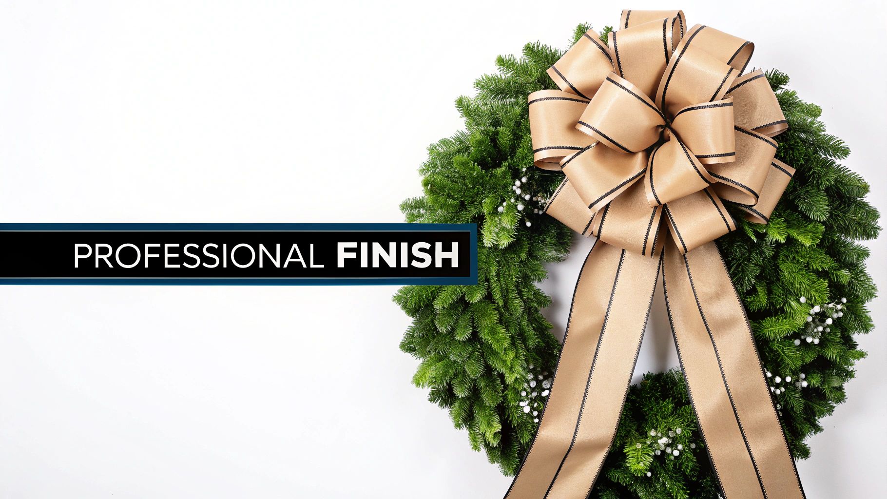 A green holiday wreath decorated with a large gold bow and small white berries, with a 'Professional Finish' banner.
