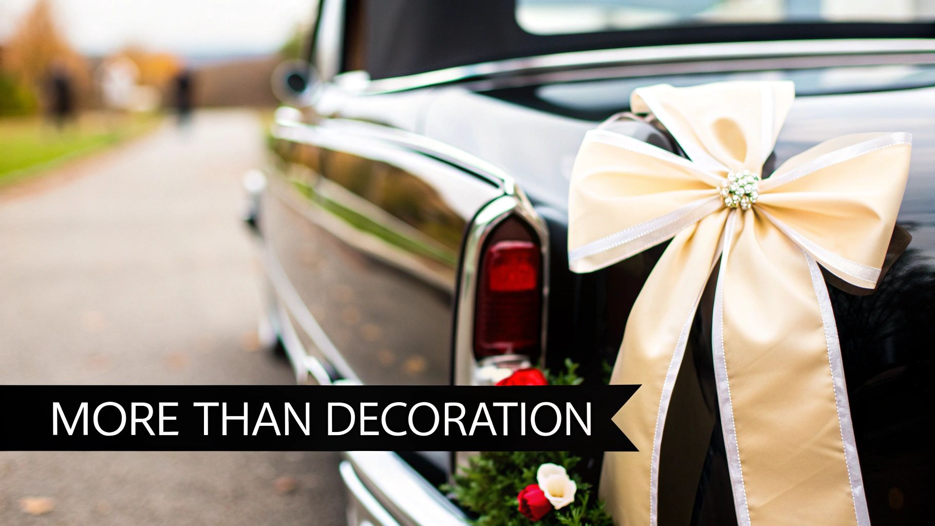 A black classic wedding car adorned with a large cream bow and floral decorations.