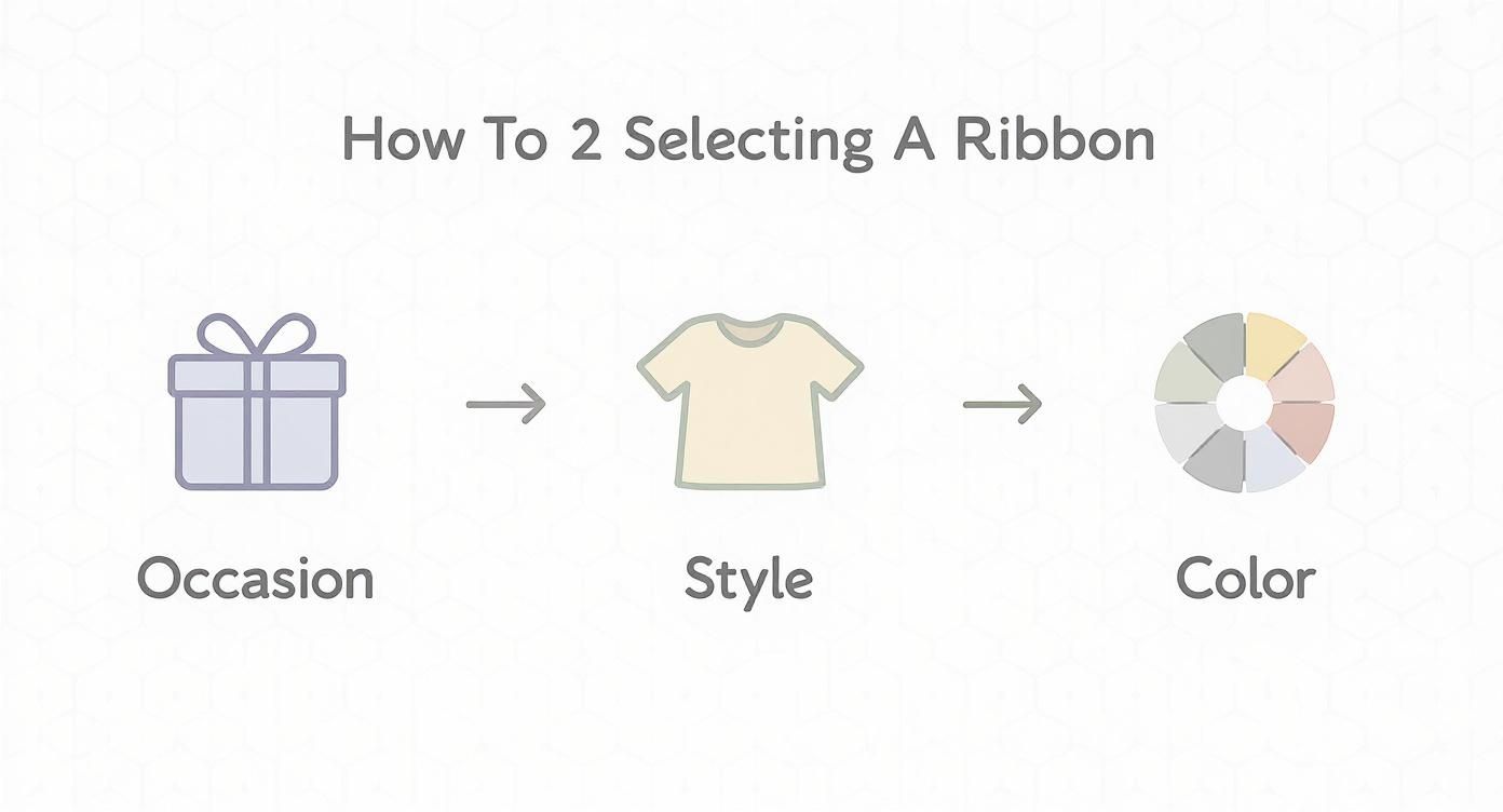 Step-by-step guide showing three stages of ribbon selection: occasion, style, and color coordination